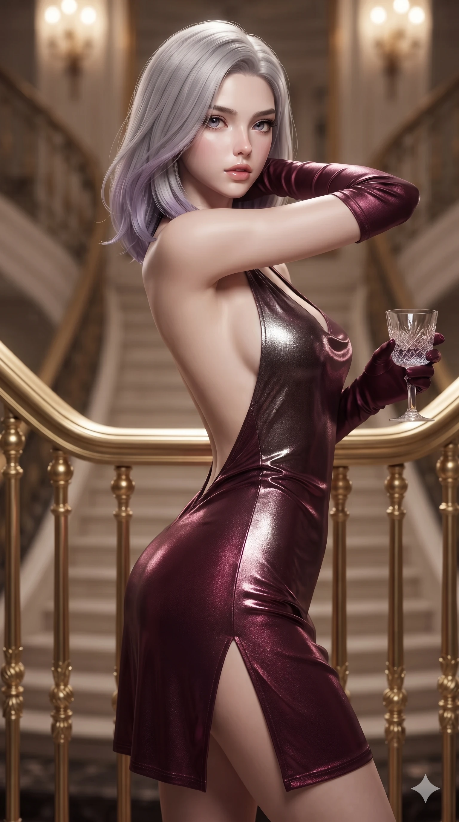score_9, masterpiece, best quality, ultra-detailed, high-budget anime keyframe, editorial fashion photography, tasteful artistic composition, Caucasian woman. close-up cowboy shot from the waist and thighs up, the character dominates the composition, filling the frame with her large presence. resting both hands lightly behind her neck with elbows raised, arching her spine to highlight her narrow waist, flat midriff, and breathtaking collarbones while twisting her slender torso in an alluring S-curve between gilded balusters, crystal chandelier glints highlighting her flat midriff and hourglass curves. The composition keeps background elements in soft focus with creamy bokeh: opulent Belle Époque salon ambient warmth softened in grand staircase shallow focus. She has an exceptionally elegant, slender, and willowy female figure with an ultra-slim waist, flat toned midriff, narrow ribcage, and sculpted feminine hips creating an alluring, slim hourglass silhouette without bulk. sharp v-shaped jawline, high-bridge nose, intricate jewel-like eyes with depth, thick eyelashes, glossy parted lips with a natural sheen, intensely captivating and seductive bedroom-eyes expression, flawlessly proportioned anatomical accuracy, strict slender model proportions, natural body alignment, perfectly sculpted long slender limbs, ultra-slim waistline, clean dynamic posture without body distortion. wearing a backless metallic lamé halterneck mini dress with deep scoop back down to her lower spine and thigh-high slit in deep wine burgundy and brushed dark platinum, tailored from liquid silk jersey adhering flawlessly to her slender build, accessorized with opera-length satin gloves and a vintage crystal glass, the precision-cut side openings and low-back scoop framing her graceful spine and the sensual sweep of her slim, toned hips. illuminated by crisp directional spotlights sharply defining her sculpted collarbones, ultra-slim waist, and curvy hips. ultra-reflective glossy finish, specular highlights, rich textural contrasts, high-contrast stereoscopic depth, volumetric dynamic lighting, 2k, ultra detail, master piece, 9:16 ratio