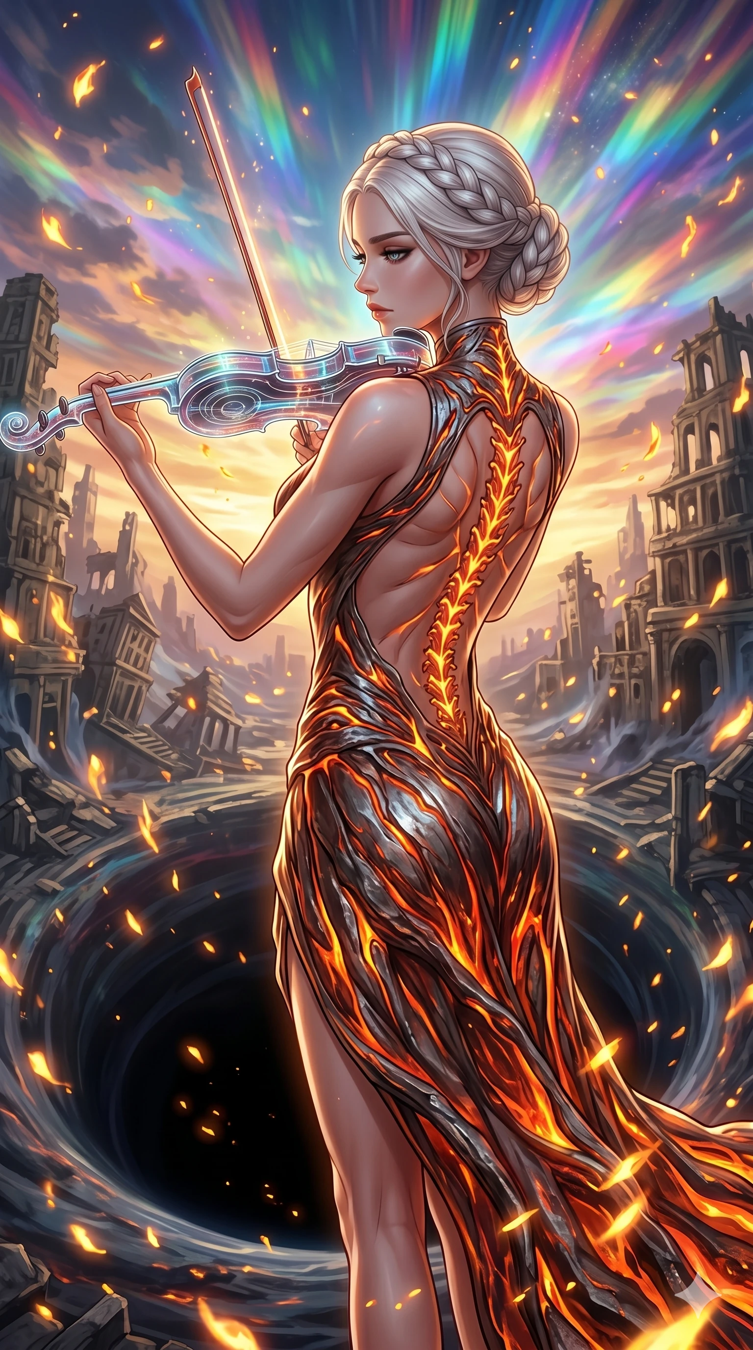 score_9, masterpiece, best quality, ultra-detailed, Set A: High-budget Anime Keyframe, Caucasian (human ears) woman. Upper body close-up from the thighs up, character filling the screen for maximum presence. Theme: Urban Decay. playing a holographic violin in the edge of a black hole, with a look of serene power as the sky splits into 178 colors. The atmosphere is filled with golden hour with floating embers. She has an absolutely perfect 8-heads proportion, an exceptionally tall and slender female figure with impossibly long slender legs and an ultra-slim waist. Sharp v-shaped jawline, high-bridge nose, intricate jewel-like eyes with depth, glossy lips. Wearing Lava-textured metallic dress that glows with an internal fire, featuring an open back. Cinematic lighting, vivid colors, dramatic shadows, 2k, ultra detail, master piece, 9:16 ratio