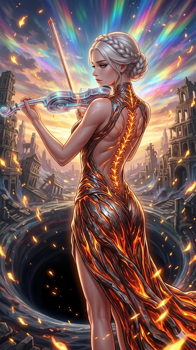 score_9, masterpiece, best quality, ultra-detailed, Set A: High-budget Anime Keyframe, Caucasian (human ears) woman. Upper body close-up from the thighs up, character filling the screen for maximum presence. Theme: Urban Decay. playing a holographic 