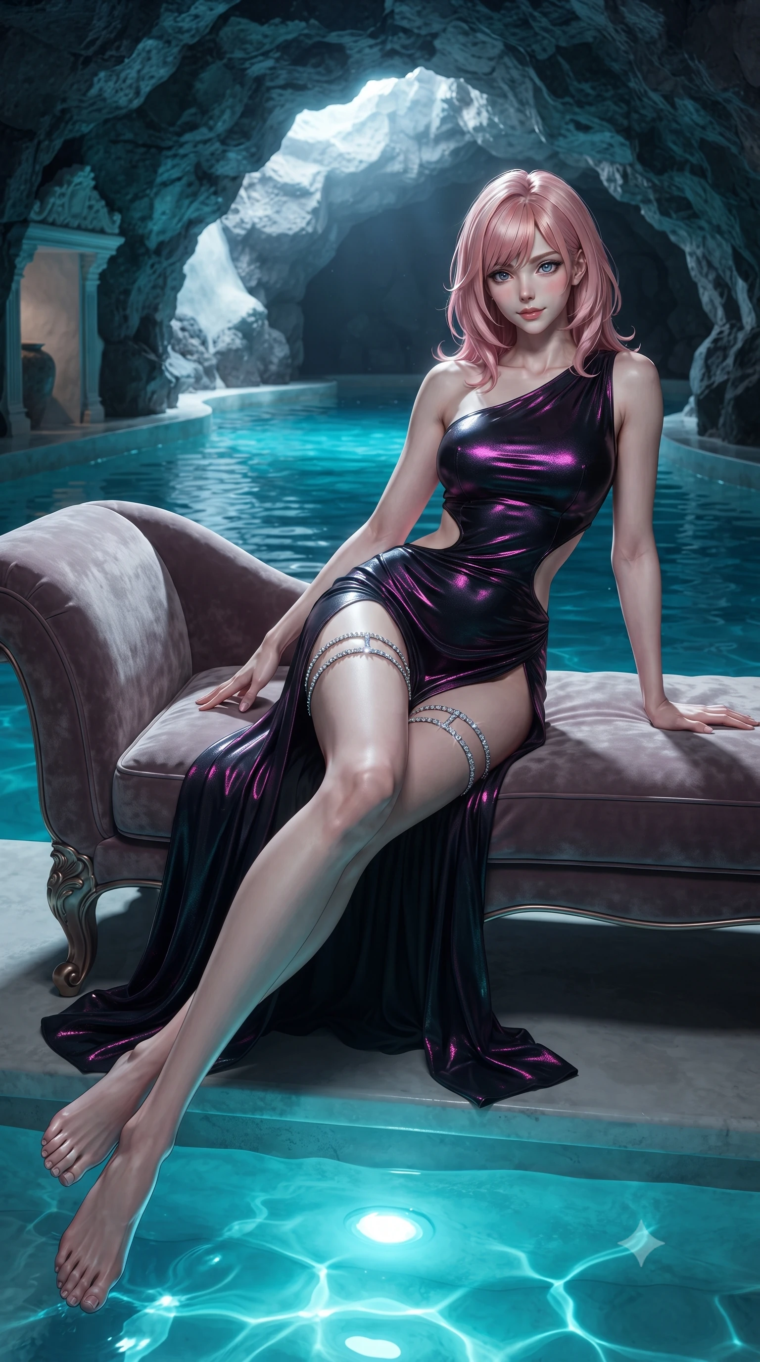 score_9, masterpiece, best quality, ultra-detailed, high-budget anime keyframe, editorial fashion photography, tasteful artistic composition, Japanese woman. low angle full-body shot from head to toe showing her feet, filling the entire 9:16 vertical frame with her statuesque presence, stretching her vertical silhouette. reclining gracefully across the plush chaise lounge with one leg extended, her sculpted silhouette and flat midriff radiating magnetic nocturnal glamour while twisting her slender torso in an alluring contrapposto stance at the water's edge, molten turquoise cave pool caustics dancing across her curves. The surrounding environment is rendered in vivid detail and crisp panoramic clarity: sharp volcanic basalt stone texture, whitewash stucco relief, and clear pool water meniscus in deep focus. She has an absolutely perfect, statuesque 8.5-heads proportion, an exceptionally tall and slender model-like female figure with impossibly long slender legs, an ultra-slim waist, a flat toned midriff, narrow delicate ribcage, and beautifully sculpted feminine hips creating a graceful, slim hourglass silhouette without any bulky heaviness. sharp v-shaped jawline, high-bridge nose, sparkling eyes with hypnotic seductive depth, thick curled eyelashes, glossy parted lips with a natural dewy peach sheen, alluring bedroom-eyes with an enchanting coquettish smile, exuding magnetic siren charisma and sophisticated glamour, flawlessly proportioned anatomical accuracy, strict slender model proportions, natural body alignment, perfectly sculpted long slender limbs, ultra-slim waistline, clean dynamic posture without body distortion. wearing an asymmetric one-shoulder liquid jersey gown with dramatic hip-high slit and sculptural waist cutout in wet-look onyx black with electric magenta reflections, made of semi-opaque stretch illusion mesh with soft shadowy contours, finished with delicate crystal-encrusted thigh garter straps glinting in the dim light, the precision-cut side openings and low-back scoop framing her graceful spine and the sensual sweep of her slim, toned hips. bathed in luminous turquoise underwater pool illumination mixed with silver harvest moonlight streaming through the cave mouth. ultra-reflective glossy finish, specular highlights, rich textural contrasts, high-contrast stereoscopic depth, volumetric dynamic lighting, 2k, ultra detail, master piece, 9:16 ratio