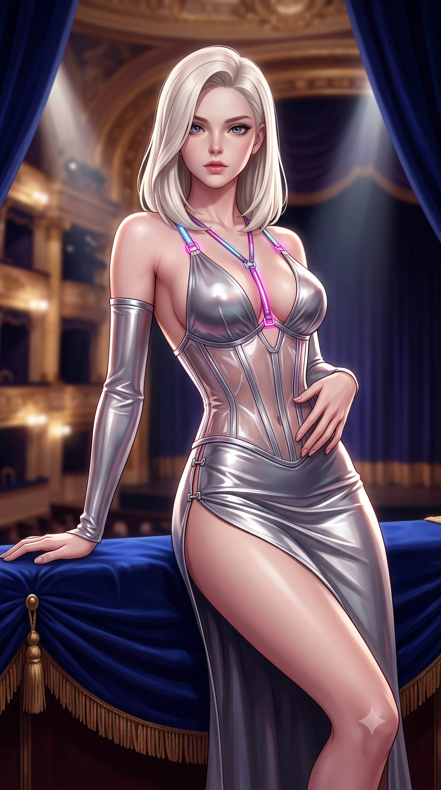 score_9, masterpiece, best quality, ultra-detailed, high-budget anime keyframe, semi-realistic 3D game render, editorial fashion photography, tasteful artistic composition, Caucasian woman. close-up cowboy shot from the waist and thighs up, the character dominates the composition, filling the frame with her large presence. twisting her upper body in a dynamic S-curve with an alluring smolder, one hand trailing along her slender waist while lounging gracefully across a velvet-draped royal box overlooking a gilded futuristic opera auditorium. The composition keeps background elements in soft focus with creamy bokeh. velvet theatre curtains and dramatic stage spotlights softened in rich atmospheric depth of field. She has an exceptionally elegant, slender, and willowy female figure with an ultra-slim waist, a gracefully sculpted slender torso, and a refined silhouette. sharp v-shaped jawline, high-bridge nose, intricate jewel-like eyes with depth, thick eyelashes, glossy lips with a natural sheen, flawlessly proportioned anatomical accuracy, natural body alignment, perfectly sculpted elegant limbs, clean dynamic posture without body distortion. wearing a translucent cybernetic corset in semi-opaque structured vinyl, combined with detached sleeves and a deep-plunging neckline secured by glowing micro-straps in chromatic platinum and blazing neon magenta, made of liquid metal jersey that clings flawlessly to every contour of her build, finished with an ultra-high side slit secured by miniature magnetic clasps, the liquid-tight fabric adhering flawlessly to her sculpted torso and slender silhouette. surrounded by an opulent, dramatic, and intensely seductive high-culture editorial aura. highly saturated vibrant anime colors, detailed shading with soft gradients, rich glossy textures, high-contrast stereoscopic depth, volumetric dynamic lighting, master piece, 9:16 ratio