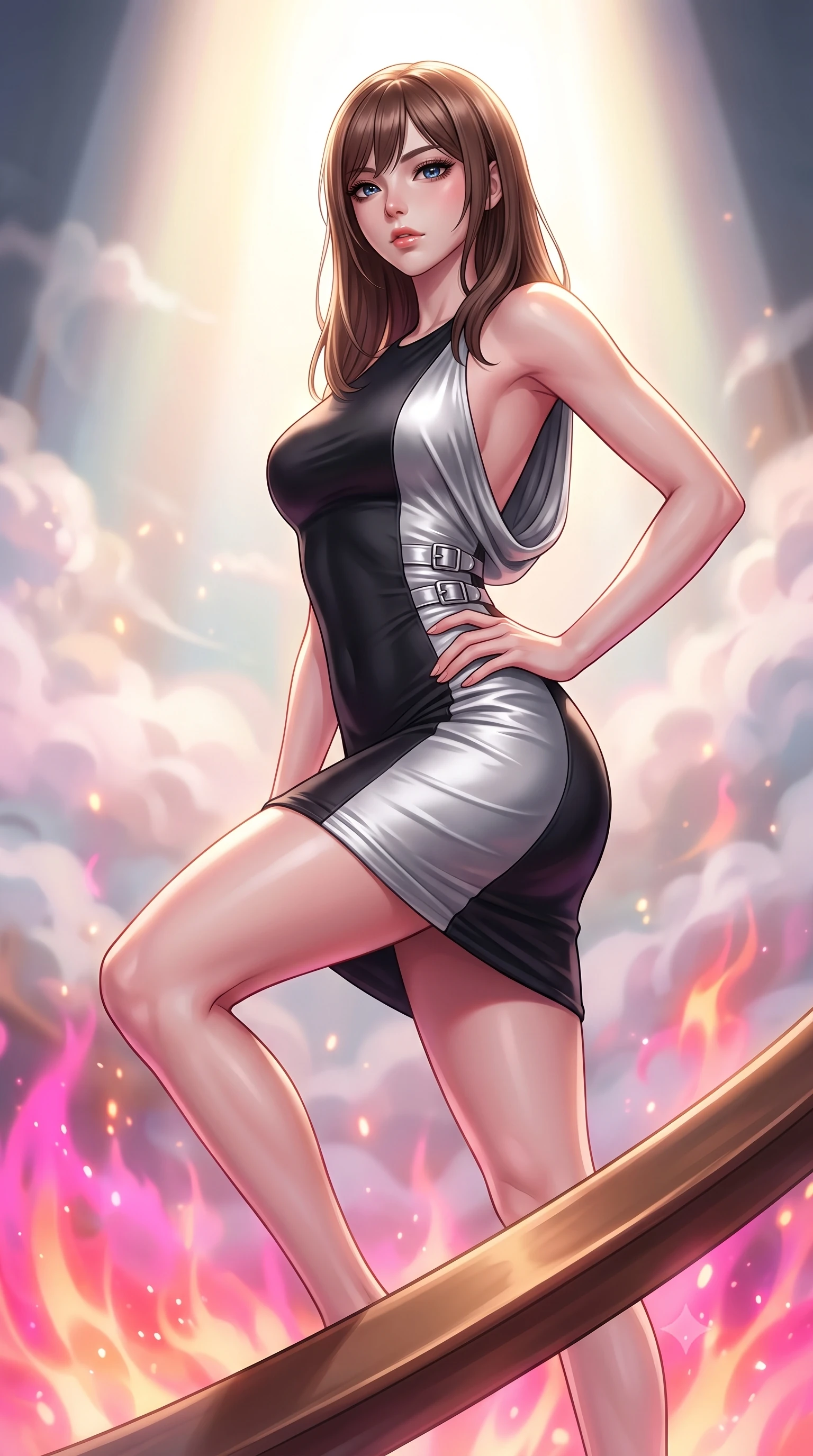 score_9, masterpiece, best quality, ultra-detailed, high-budget anime keyframe, editorial fashion photography, tasteful artistic composition, Korean woman. close-up cowboy shot from the waist and thighs up, the character dominates the composition, filling the frame with her large presence, background elements kept in soft focus. Holding a powerful dynamic pose with one hand on her hip and body angled dramatically toward the key light while stepping along a curved bronze beam while pastel steam clouds swirl around her, boiling liquid aurora energy radiating intense hot pink and orange light from below. She has an exceptionally elegant, slender, and willowy female figure with an ultra-slim waist, a gracefully sculpted slender torso, and a refined silhouette. sharp v-shaped jawline, high-bridge nose, intricate jewel-like eyes with depth, thick eyelashes, glossy lips with a natural sheen, flawlessly proportioned anatomical accuracy, natural body alignment, perfectly sculpted elegant limbs, clean dynamic posture without body distortion. wearing a precision-fitted liquid jersey bodycon dress with a graceful draped back in matte black and polished silver, crafted from smooth liquid silk, detailed with polished silver buckles along the waistline, the glove-like fit emphasizing her statuesque silhouette during motion. illuminated by golden alchemy rune radiance and dramatic top key light. highly saturated vibrant anime colors, detailed shading with soft gradients, rich glossy textures, high-contrast stereoscopic depth, volumetric dynamic lighting, master piece, 9:16 ratio