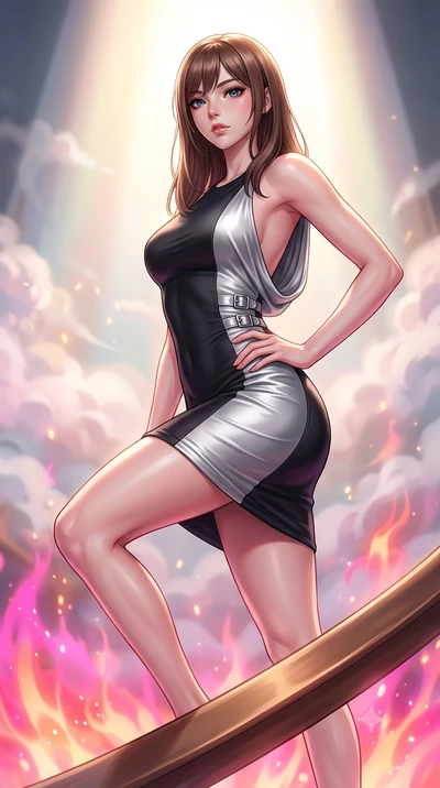 score_9, masterpiece, best quality, ultra-detailed, high-budget anime keyframe, editorial fashion photography, tasteful artistic composition, Korean woman. close-up cowboy shot from the waist and thighs up, the character dominates the composition, fi