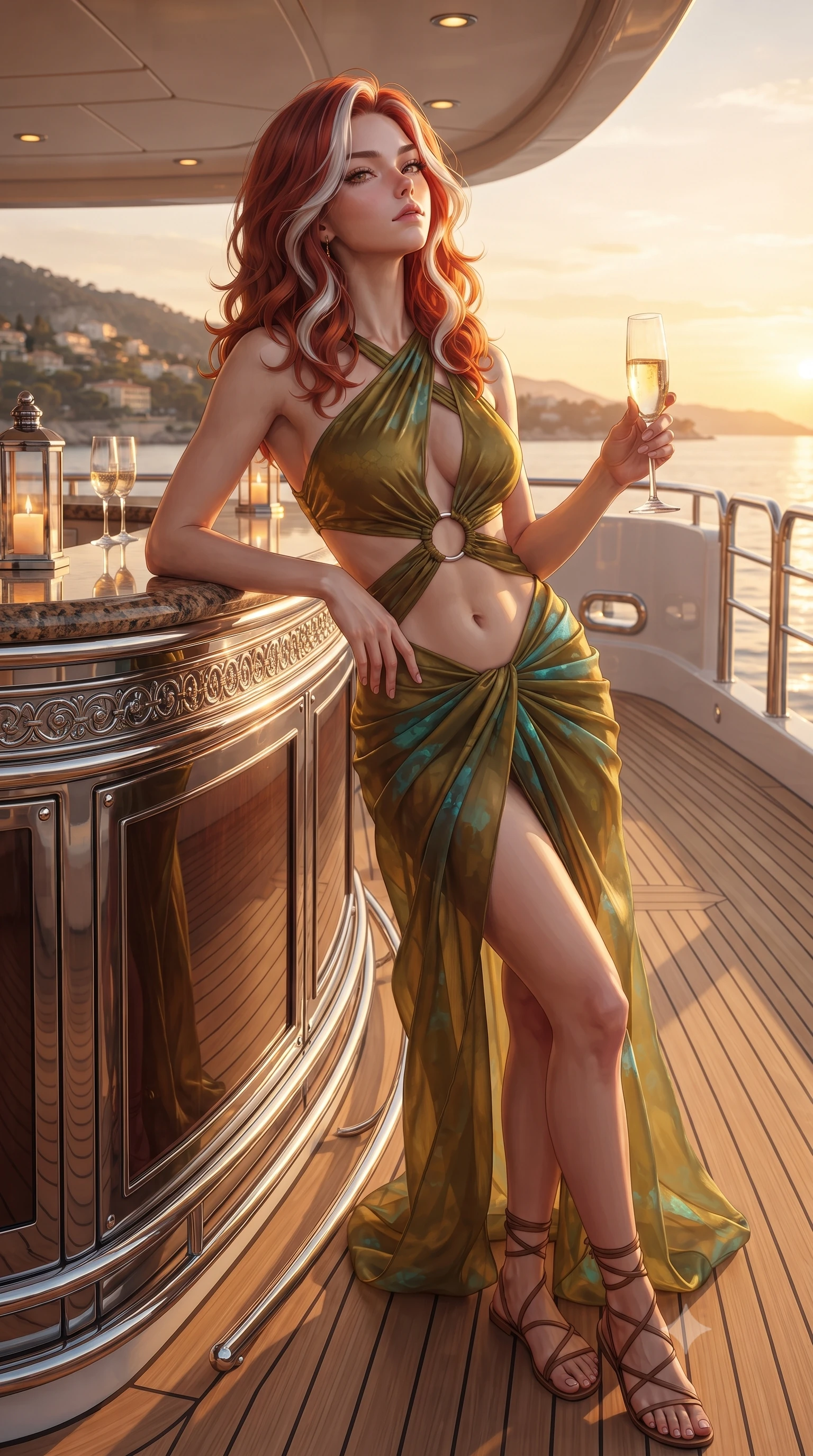 score_9, masterpiece, best quality, ultra-detailed, high-budget anime keyframe, editorial fashion photography, tasteful artistic composition, Caucasian woman. close-up cowboy shot from the waist and thighs up, the character dominates the composition, filling the frame with her large presence. tilting her chin up with proud, sovereign allure while gazing through thick eyelashes, one hand resting on her waist in pure supermodel charisma while leaning against the yacht's outdoor bar with hips shifted to one side, holding a champagne flute while locking smoldering eyes with the viewer. The surrounding environment is rendered in vivid detail and crisp panoramic clarity. sharp teak wood deck caulking, polished chrome railing reflections, and marine canvas stitching in deep focus. She has an exceptionally elegant, slender, and willowy female figure with an ultra-slim waist, a gracefully sculpted slender torso, toned flat midriff, and rounded feminine hips creating an alluring hourglass silhouette. sharp v-shaped jawline, high-bridge nose, intricate jewel-like eyes with depth, thick eyelashes, glossy parted lips with a natural sheen, intensely captivating and seductive bedroom-eyes expression, flawlessly proportioned anatomical accuracy, strict slender model proportions, natural body alignment, perfectly sculpted long slender limbs, ultra-slim waistline, clean dynamic posture without body distortion. wearing a daring cutout silk chiffon gown with an exposed midriff ring and a draped hip-hugging sarong skirt in olive gold and Mediterranean turquoise, crafted from weightless prism organza that refracts light with every motion, accessorized with minimalist leather wrap sandals and a champagne flute in hand, the form-contouring material adhering flawlessly to her sculpted flat midriff and slender torso, emphasizing her long leg lines and perfectly proportioned willowy build. bathed in glorious golden hour sunset backlighting and warm amber deck lantern fill. ultra-reflective glossy finish, specular highlights, rich textural contrasts, high-contrast stereoscopic depth, volumetric dynamic lighting, 2k, ultra detail, master piece, 9:16 ratio