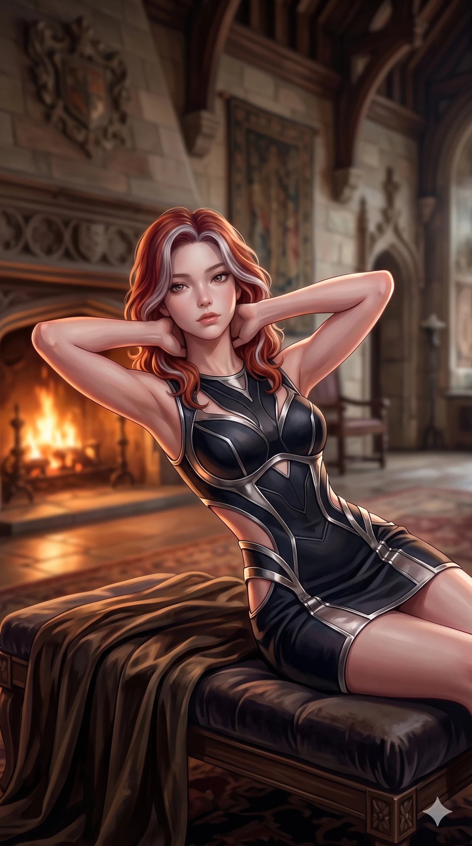 score_9, masterpiece, best quality, ultra-detailed, high-budget anime keyframe, semi-realistic 3D game render, editorial fashion photography, tasteful artistic composition, Caucasian woman. close-up cowboy shot from the waist and thighs up, the character dominates the composition, filling the frame with her large presence. resting both hands lightly behind her neck with elbows raised, arching her spine to highlight her narrow waist, flat midriff, and breathtaking collarbones while reclining gracefully across the heavy velvet-cushioned inglenook bench with legs extended, displaying her long slender limbs and statuesque presence. The composition keeps background elements in soft focus with creamy bokeh: warm crackling fireplace hearth ambience softened in historic castle great hall shallow focus. She has an exceptionally elegant, slender, and willowy female figure with an ultra-slim waist, flat toned midriff, narrow ribcage, and sculpted feminine hips creating an alluring, slim hourglass silhouette without bulk. sharp v-shaped jawline, high-bridge nose, intricate jewel-like eyes with depth, thick eyelashes, glossy parted lips with a natural sheen, intensely captivating and seductive bedroom-eyes expression, flawlessly proportioned anatomical accuracy, strict slender model proportions, natural body alignment, perfectly sculpted long slender limbs, ultra-slim waistline, clean dynamic posture without body distortion. wearing a provocative open-waist cutout mini dress framed by sculptural chrome hardware and thigh-high slit in dark onyx black and molten platinum, featuring strategic sheer-illusion tulle side panels framing her ribcage and hips, finished with an ultra-high side slit secured by miniature jeweled clasps, the glove-like clinging cut tightly following the natural contour of her hips and long slender legs with youthful 8.5-heads elegance. highly saturated vibrant anime colors, detailed shading with soft gradients, rich glossy textures, master piece, 9:16 ratio. highly saturated vibrant anime colors, detailed shading with soft gradients, rich glossy textures, high-contrast stereoscopic depth, volumetric dynamic lighting, master piece, 9:16 ratio