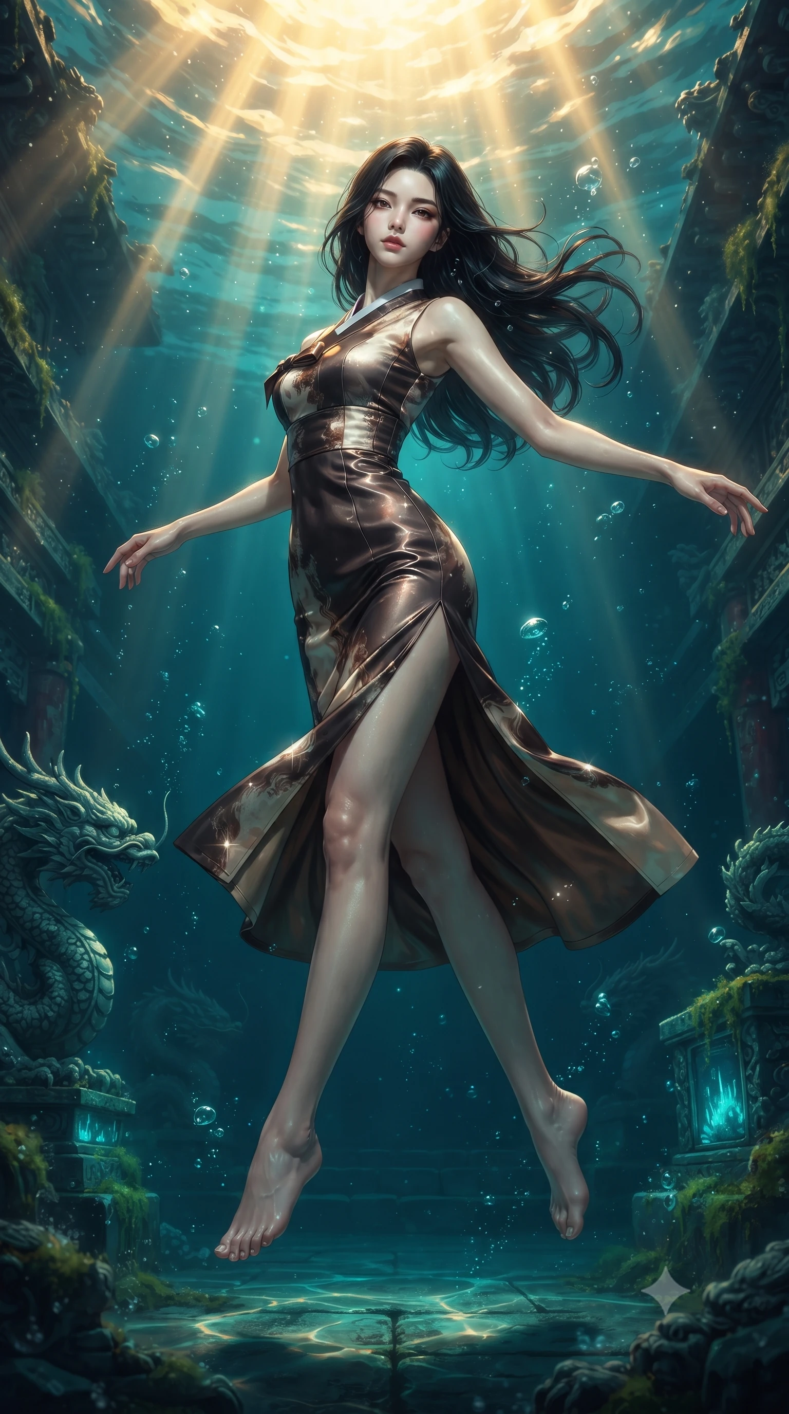 score_9, masterpiece, best quality, ultra-detailed, high-budget anime keyframe, editorial fashion photography, tasteful artistic composition, Korean woman. low angle full-body shot from head to toe showing her feet, filling the entire 9:16 vertical frame with her statuesque presence, stretching her vertical silhouette. performing an athletic mid-air rotation with flawless poise, her vertical silhouette beautifully stretched while floating underwater in a dynamic mid-air spin inside a sunken dragon temple, intense golden underwater sunbeams Penetrating deep turquoise water in caustic ripples. She has an absolutely perfect, statuesque 8.5-heads proportion, an exceptionally tall and slender model-like female figure with impossibly long slender legs and an ultra-slim waist. sharp v-shaped jawline, high-bridge nose, intricate jewel-like eyes with depth, thick eyelashes, glossy lips with a natural sheen, flawlessly proportioned anatomical accuracy, natural body alignment, perfectly sculpted elegant limbs, clean dynamic posture without body distortion. wearing a modern fusion silk hanbok dress with a structured bodice and flowing skirt in espresso brown and warm cream, crafted from smooth liquid silk, finished with a sleek side slit ascending to mid-thigh, the form-contouring material highlighting her ultra-slim waist and long lines. illuminated by deep sea bioluminescence and warm golden top lighting. ultra-reflective glossy finish, specular highlights, metallic sheen, high-contrast stereoscopic depth, volumetric dynamic lighting, 2k, ultra detail, master piece, 9:16 ratio