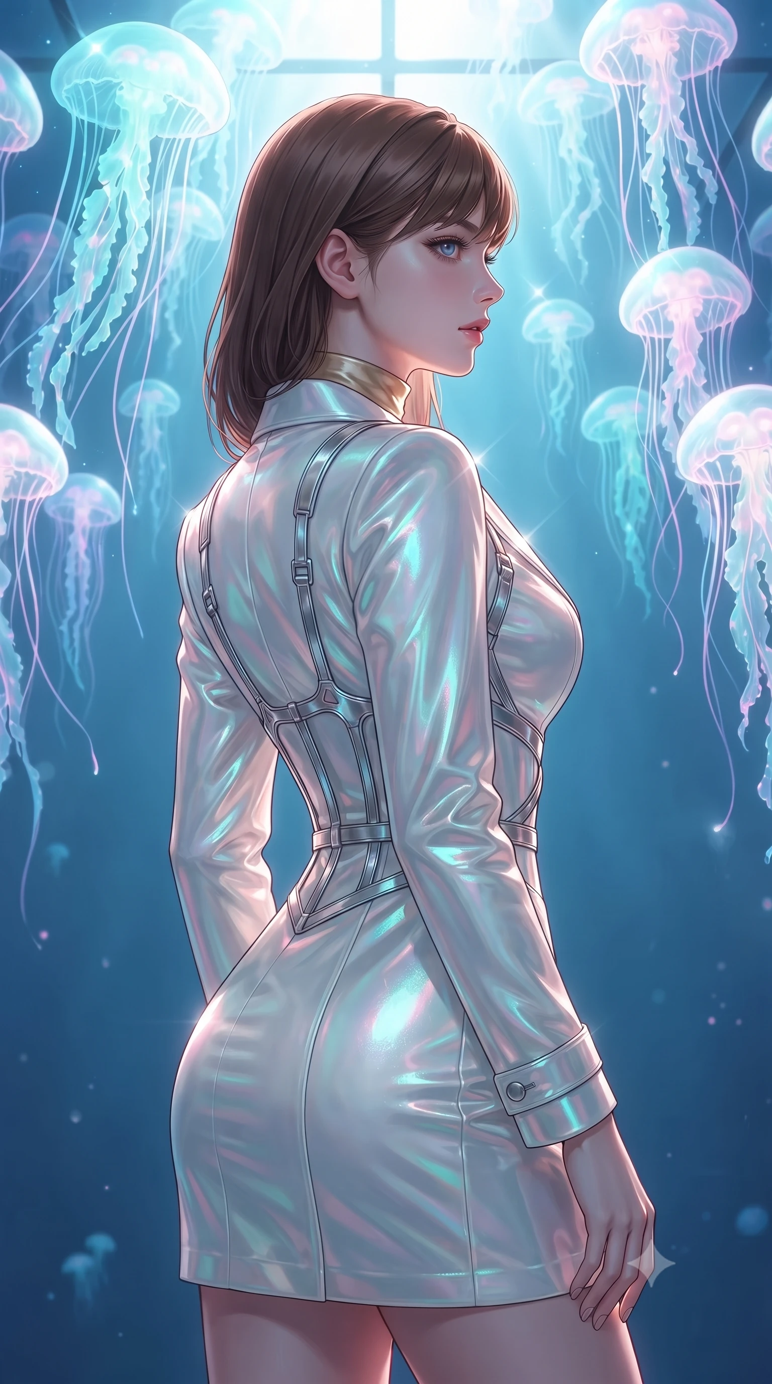 score_9, masterpiece, best quality, ultra-detailed, high-budget anime keyframe, editorial fashion photography, tasteful artistic composition, Korean woman. close-up cowboy shot from the waist and thighs up, the character dominates the composition, filling the frame with her large presence, background elements kept in soft focus. Turning her face in sharp dramatic profile against the radiant light, standing beneath a canopy of floating luminous jellyfish tentacles glowing with iridescent cyan and pink, dramatic contrast of luminous pastel creatures against a serene deep blue background. She has an exceptionally elegant, slender, and willowy female figure with an ultra-slim waist, a gracefully sculpted slender torso, and a refined silhouette. sharp v-shaped jawline, high-bridge nose, intricate jewel-like eyes with depth, thick eyelashes, glossy lips with a natural sheen. wearing structured pearl-white trench dress over sleek turtleneck in champagne gold, made of iridescent hologram organza, highlighted by a platinum metallic harness structure, contouring every curve with an exceptionally elegant silhouette. lit by ethereal celestial rays cascading through glass reflection panes. ultra-reflective glossy finish, specular highlights, metallic sheen, high-contrast stereoscopic depth, volumetric dynamic lighting, 2k, ultra detail, master piece, 9:16 ratio