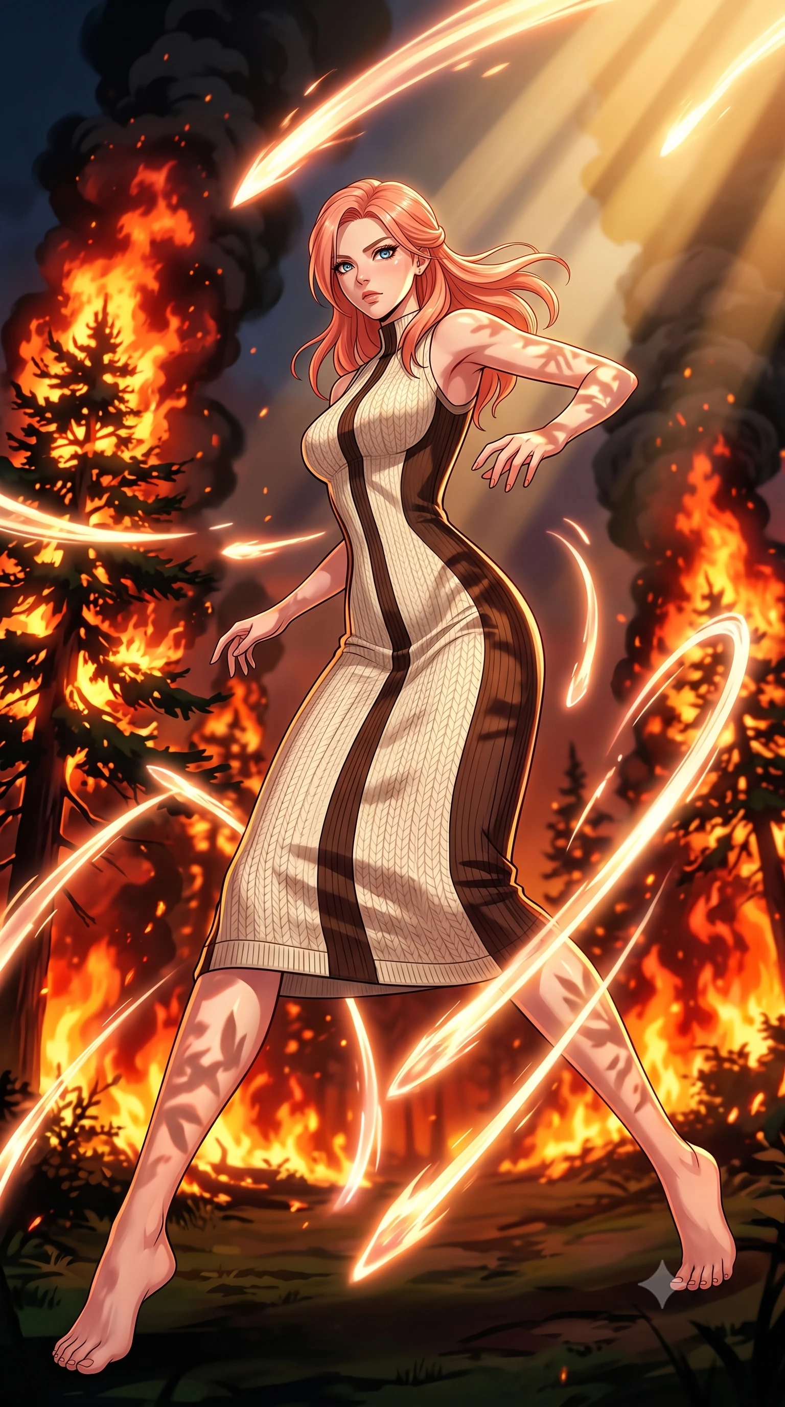 score_9, masterpiece, best quality, ultra-detailed, high-budget anime keyframe, clean line-art, cel-shading, Japanese woman. low angle full-body shot from head to toe showing her feet, filling the entire 9:16 vertical frame with her statuesque presence, stretching her vertical silhouette. weaving gracefully through a barrage of glowing obstacles in a blur of motion inside the edge of a forest fire, where pine trees are engulfed in orange flames and thick black smoke columns rise. She has a statuesque 8.5-heads proportion, an exceptionally tall, slender and willowy model-like build with impossibly long legs and a highly sculpted ultra-slim waist. sharp v-shaped jawline, high-bridge nose, intricate jewel-like eyes with depth, thick eyelashes, glossy lips with a natural sheen. wearing tailored for maximum mobility, sleek form-contouring panels that allow fluid movement, a body-hugging knitted body-mapping dress in cream with chocolate brown side panels that create an optical waist-narrowing effect. warm golden afternoon sunbeams casting soft organic leaf shadows across her skin. highly saturated vibrant anime colors, intense vivid color palette, volumetric dynamic lighting, 2k, ultra detail, master piece, 9:16 ratio