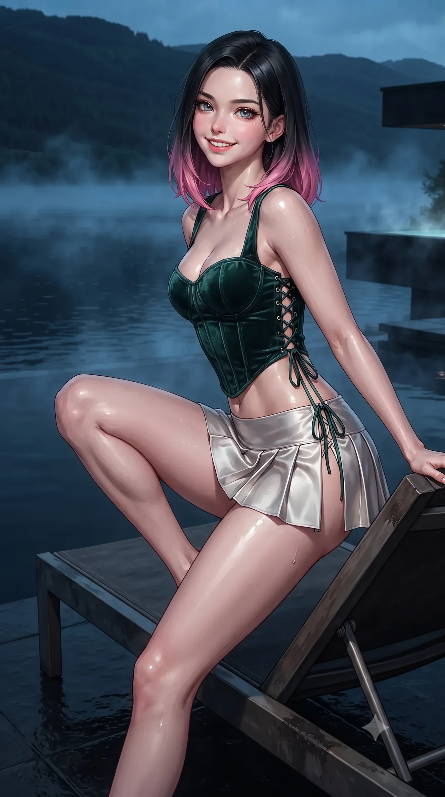 score_9, masterpiece, best quality, ultra-detailed, high-budget anime keyframe, editorial fashion photography, tasteful artistic composition, Korean woman. close-up cowboy shot from the waist and thighs up, the character dominates the composition, filling the frame with her large presence. perched sideways on the lounge seat, one knee drawn up to showcase her slender leg line while her arched back accentuates her feminine hip curve while standing poised on the heated black basalt terrace cantilevered directly over the ink-black waters of Loch Ness, arching her spine with wet-look siren grace as nocturnal mist curls across the loch. The surrounding environment is rendered in vivid detail and crisp panoramic clarity: detailed garment lines, wet cling or tailored fit, and cutting-edge cantilevered spa architecture in high resolution. She has an exceptionally elegant, slender, and willowy female figure with an ultra-slim waist, flat toned midriff, narrow ribcage, and sculpted feminine hips creating an alluring, slim hourglass silhouette without bulk. sharp v-shaped jawline, high-bridge nose, intricate jewel-like sparkling eyes with depth, thick eyelashes, glossy parted lips with a natural peach sheen, bright cheerful beaming smile with an enchanting and coquettish sensual glint, exuding both youthful cute charm and seductive allure, flawlessly proportioned anatomical accuracy, strict slender model proportions, natural body alignment, perfectly sculpted long slender limbs, ultra-slim waistline, clean dynamic posture without body distortion. wearing a structured boned velvet bustier top paired with an ultra-short low-rise pleated micro mini skirt in Art Nouveau malachite green and antique starlight silver, crafted from fluid liquid silk satin that clings smoothly to her narrow waist and rounded hips with a dewy sheen, featuring fine criss-cross lace-up side ties revealing tantalizing glimpses of her hip curve, the liquid-tight tailored fabric clinging flawlessly to her narrow waist and rounded feminine hips, emphasizing every millimeter of her sculpted slim hourglass curves without any bulky heaviness. illuminated by loch water reflection bounce and sharp platinum-cyan rim lights defining her dewy collarbones, ultra-slim waist, and curvy hips. ultra-reflective glossy finish, specular highlights, rich textural contrasts, high-contrast stereoscopic depth, volumetric dynamic lighting, 2k, ultra detail, master piece, 9:16 ratio