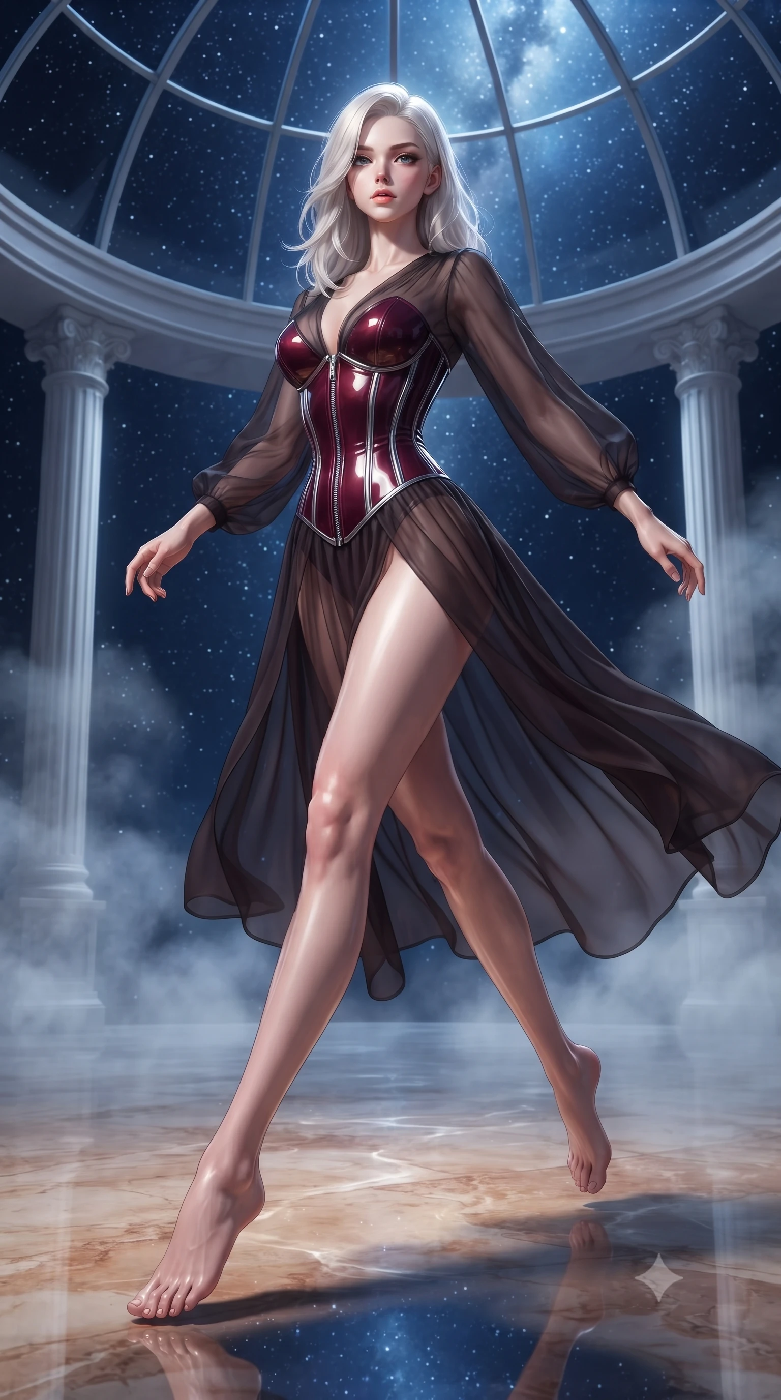 score_9, masterpiece, best quality, ultra-detailed, high-budget anime keyframe, editorial fashion photography, tasteful artistic composition, Caucasian woman. low angle full-body shot from head to toe showing her feet, filling the entire 9:16 vertical frame with her statuesque presence, stretching her vertical silhouette. leaping dynamically through the starry space, her posture full of power and elegance, stepping gracefully onto a warm marble floor glinting with moonlit ripples, alabaster columns framed by gentle water vapor in soft background focus. She has an absolutely perfect, statuesque 8.5-heads proportion, an exceptionally tall and slender model-like female figure with impossibly long slender legs and an ultra-slim waist. sharp v-shaped jawline, high-bridge nose, intricate jewel-like eyes with depth, thick eyelashes, glossy lips with a natural sheen. wearing semi-opaque sheer dark chiffon gown revealing structured corset silhouette in deep crimson burgundy, made of high-gloss liquid vinyl, finished with metallic silver boning and sleek zipper points, sculpting her athletic slender build with refined precision. illuminated by brilliant cold silver moonlight filtering through glass dome panes. ultra-reflective glossy finish, specular highlights, metallic sheen, high-contrast stereoscopic depth, volumetric dynamic lighting, 2k, ultra detail, master piece, 9:16 ratio