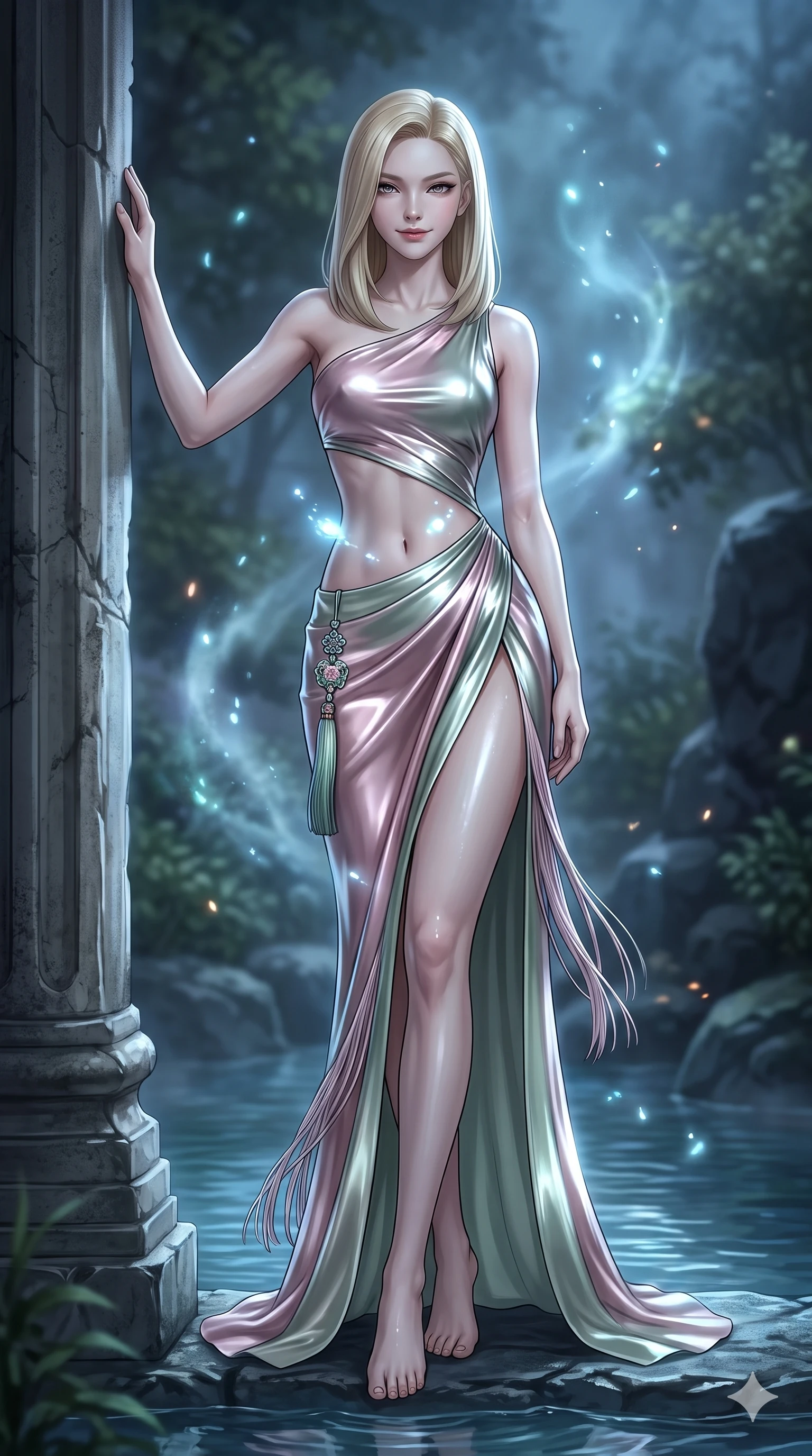 score_9, masterpiece, best quality, ultra-detailed, high-budget anime keyframe, semi-realistic 3D game render, editorial fashion photography, tasteful artistic composition, Korean woman. low angle full-body shot from head to toe showing her feet, filling the entire 9:16 vertical frame with her statuesque presence, stretching her vertical silhouette. standing tall beside the architectural column, one hand resting high while arching her lower back to emphasize her sculpted feminine hips and slender waist while twisting her slender torso in an alluring S-curve beside the crystal spring pool, floating spirit lights dancing across her flat midriff. The background shows a soft-focus sacred secluded mountain spring softened in nocturnal fantasy shallow focus. She has an absolutely perfect, statuesque 8.5-heads proportion, an exceptionally tall and slender model-like female figure with impossibly long slender legs, an ultra-slim waist, a flat toned midriff, narrow delicate ribcage, and beautifully sculpted feminine hips creating a graceful, slim hourglass silhouette without any bulky heaviness. sharp v-shaped jawline, high-bridge nose, sparkling eyes with hypnotic seductive depth, thick curled eyelashes, glossy parted lips with a natural dewy peach sheen, alluring bedroom-eyes with an enchanting coquettish smile, exuding magnetic siren charisma and sophisticated glamour, flawlessly proportioned anatomical accuracy, strict slender model proportions, natural body alignment, perfectly sculpted long slender limbs, ultra-slim waistline, clean dynamic posture without body distortion. wearing an asymmetric one-shoulder liquid mercury silk dress with a dramatic hip-high wrap slit and norigae waist charm in soft lotus rose and morning dew sage green, crafted from wet-look high-gloss vinyl fabric with dazzling specular surface reflections, finished with delicate silk fringe trim fluttering along her hip line with kinetic charm, the bespoke structured tailoring following the natural line of her 8.5-heads silhouette with refined elegance. surrounded by a mysterious dark spiritual aura with pale blue floating spirit fires and cool moonlight. highly saturated vibrant anime colors, detailed shading with soft gradients, rich glossy textures, high-contrast stereoscopic depth, volumetric dynamic lighting, master piece, 9:16 ratio