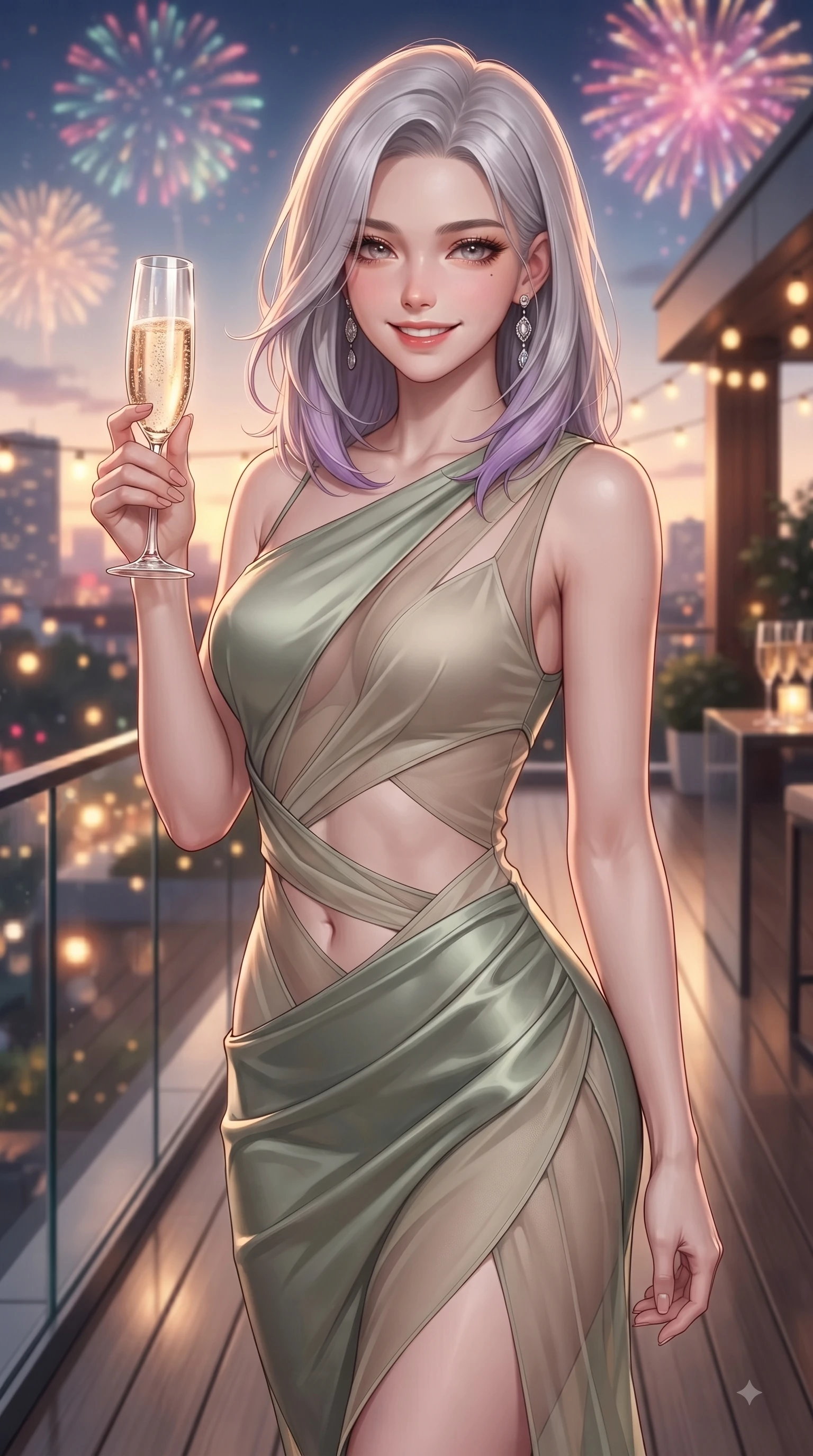 score_9, masterpiece, best quality, ultra-detailed, high-budget anime keyframe, editorial fashion photography, tasteful artistic composition, Caucasian woman. close-up cowboy shot from the waist and thighs up, the character dominates the composition, filling the frame with her large presence, background elements kept in soft focus. Warm delightful smile while casting a playful, joyful side-gaze with heavy lashes and a glowing expression while raising a crystal glass with a radiant bright smile during a sunset rooftop celebration, sleek glass and wood terrace textures reflecting warm party light beams. She has an exceptionally elegant, slender, and willowy female figure with an ultra-slim waist, a gracefully sculpted slender torso, and a refined silhouette. sharp v-shaped jawline, high-bridge nose, intricate jewel-like eyes with depth, thick eyelashes, glossy lips with a natural sheen, flawlessly proportioned anatomical accuracy, natural body alignment, perfectly sculpted elegant limbs, clean dynamic posture without body distortion. wearing a sleek bodycon knit dress with strategic sheer organza sleeve panels in sage green and oatmeal, crafted from lustrous satin jersey with fluid draping, featuring subtle geometric cutouts that highlight her ultra-slim midriff, the elegant draped fit framing her graceful clavicle and slender torso. bathed in festive firework explosions and warm amber fairy light radiance. ultra-reflective glossy finish, specular highlights, metallic sheen, high-contrast stereoscopic depth, volumetric dynamic lighting, 2k, ultra detail, master piece, 9:16 ratio