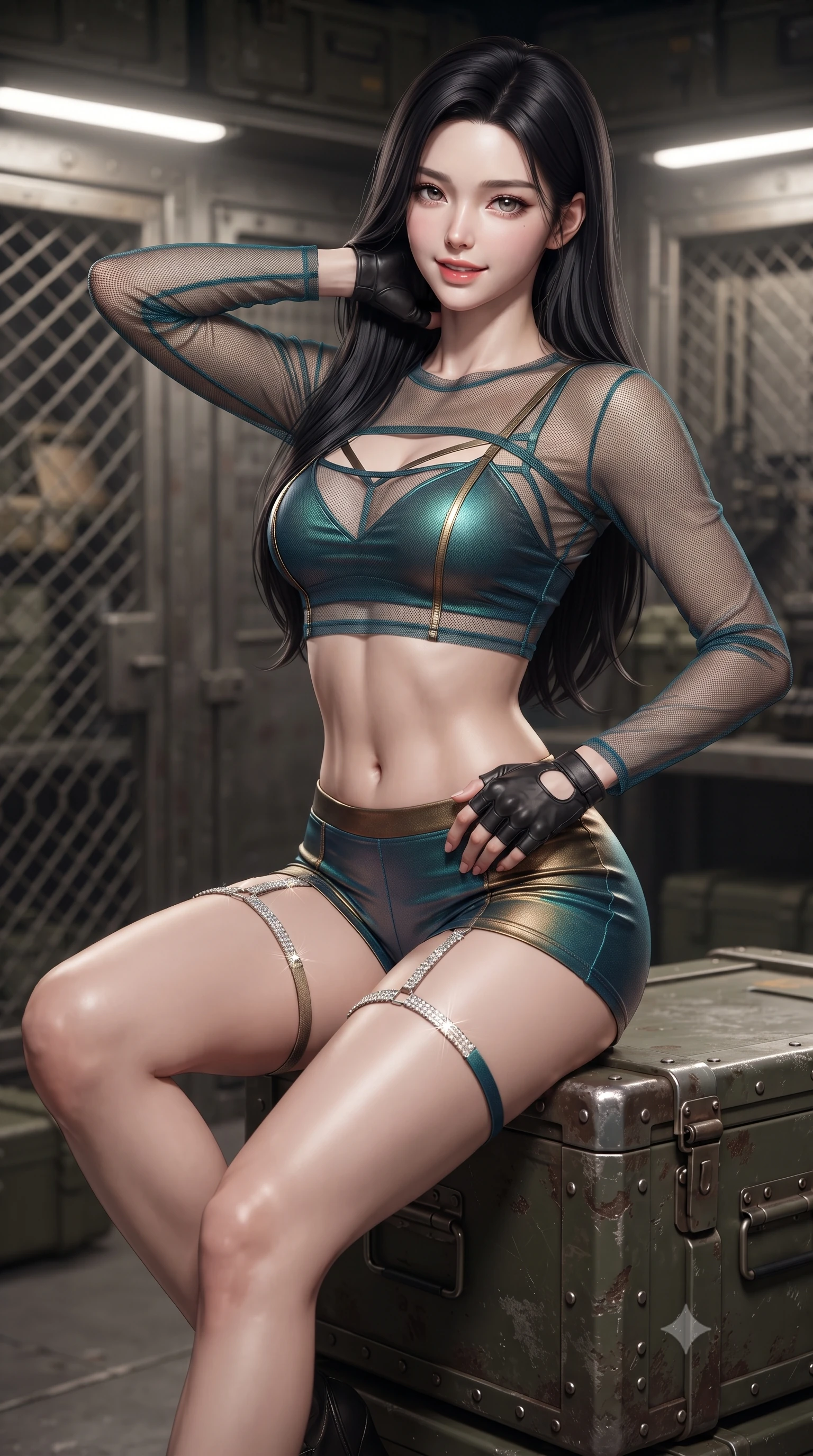 score_9, masterpiece, best quality, ultra-detailed, high-budget anime keyframe, editorial fashion photography, tasteful artistic composition, Korean woman. close-up cowboy shot from the waist and thighs up, the character dominates the composition, filling the frame with her large presence. resting both hands lightly behind her neck with elbows raised, arching her spine to highlight her narrow waist, flat midriff, and breathtaking collarbones while perched sideways on the metal crate with legs crossed, resting a fingerless gloved hand on her hip with effortless spy glamour. The background shows a soft-focus armory security grilles softened in clandestine bunker shallow focus. She has an exceptionally elegant, slender, and willowy female figure with an ultra-slim waist, flat toned midriff, narrow ribcage, and sculpted feminine hips creating an alluring, slim hourglass silhouette without bulk. sharp v-shaped jawline, high-bridge nose, sparkling eyes with hypnotic seductive depth, thick curled eyelashes, glossy parted lips with a natural dewy peach sheen, alluring bedroom-eyes with an enchanting coquettish smile, exuding magnetic siren charisma and sophisticated glamour, flawlessly proportioned anatomical accuracy, strict slender model proportions, natural body alignment, perfectly sculpted long slender limbs, ultra-slim waistline, clean dynamic posture without body distortion. wearing a delicate sheer mesh long-sleeve crop top layered over an opaque strappy tactical micro-bralette and tight shorts in iridescent peacock teal and burnished antique brass, made of semi-opaque stretch illusion mesh with soft shadowy contours, finished with delicate crystal-encrusted thigh garter straps glinting under the lights, the precision-cut side openings and low-back scoop framing her graceful spine and the sensual sweep of her slim, toned hips. bathed in crisp neutral 5000K LED task lighting radiating from under-cabinet fixtures. ultra-reflective glossy finish, specular highlights, rich textural contrasts, high-contrast stereoscopic depth, volumetric dynamic lighting, 2k, ultra detail, master piece, 9:16 ratio