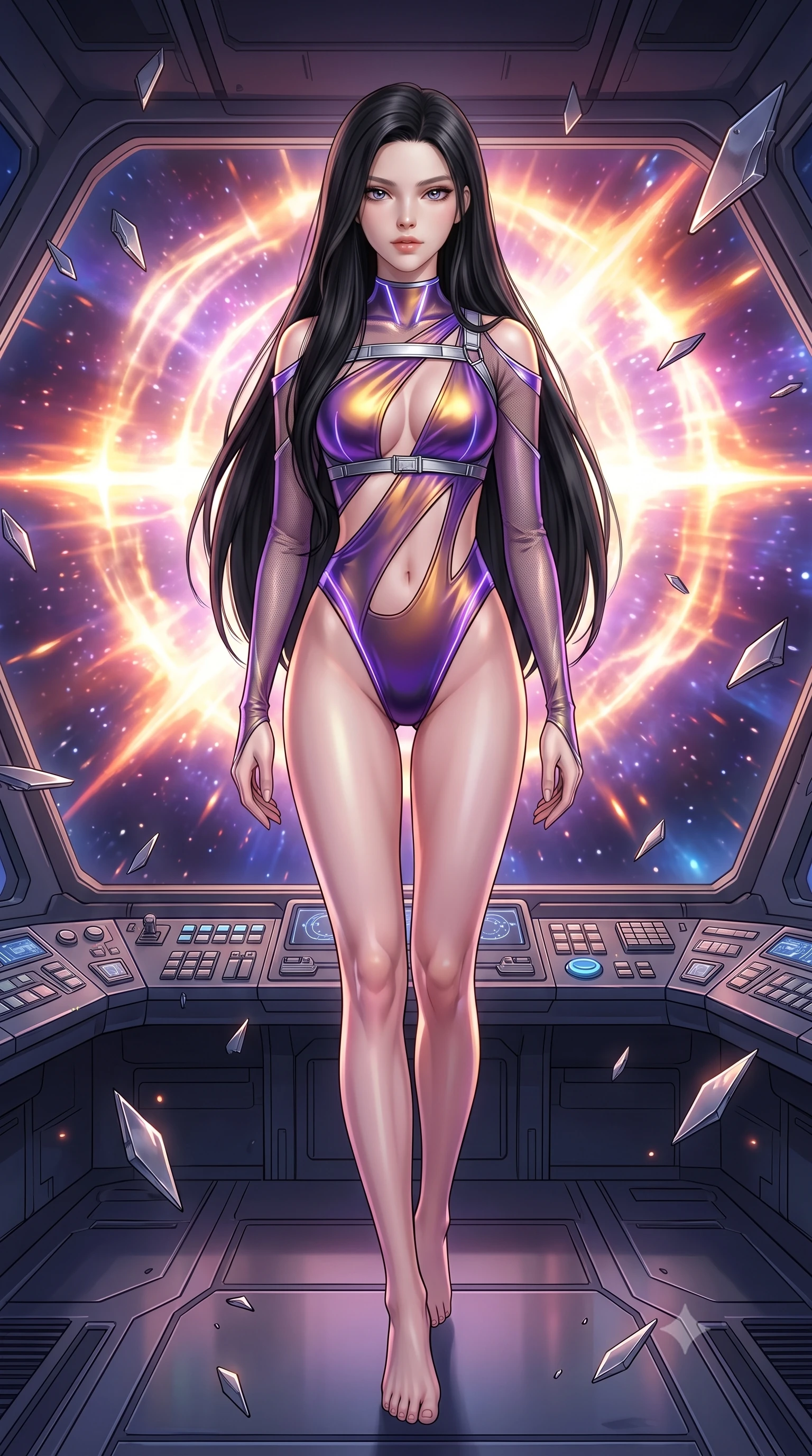 score_9, masterpiece, best quality, ultra-detailed, high-budget anime keyframe, semi-realistic 3D game render, editorial fashion photography, tasteful artistic composition, Korean woman. low angle full-body shot from head to toe showing her feet, filling the entire 9:16 vertical frame with her statuesque presence, stretching her vertical silhouette. striding forward in a proud, statuesque motion with a dangerous smolder, her vertical silhouette dominating the frame from head to toe while floating weightlessly in the center of an abandoned starship bridge as a dazzling supernova explodes outside. The surrounding environment is rendered in vivid detail and crisp panoramic clarity. intricate starship control console buttons, floating alloy shard edges, and supernova shockwave rings in deep focus. She has an absolutely perfect, statuesque 8.5-heads proportion, an exceptionally tall and slender model-like female figure with impossibly long slender legs and an ultra-slim waist. sharp v-shaped jawline, high-bridge nose, intricate jewel-like eyes with depth, thick eyelashes, glossy lips with a natural sheen, flawlessly proportioned anatomical accuracy, natural body alignment, perfectly sculpted elegant limbs, clean dynamic posture without body distortion. wearing an ultra-sleek high-cut tech-bodysuit featuring dangerous diagonal slitted cutouts on the midriff and shoulders, reinforced by a metallic silver harness and sheer mesh sleeves in lustrous molten gold and pure deep violet, made of smooth iridescent silk chiffon that shifts colors with movement, accented with glowing fiber-optic seams tracing her collarbones and hip curves, the glove-like fit tightly following every curve of her statuesque athletic build. surrounded by a sublime, infinite, and breathtakingly divine cosmic goddess aura. highly saturated vibrant anime colors, detailed shading with soft gradients, rich glossy textures, high-contrast stereoscopic depth, volumetric dynamic lighting, master piece, 9:16 ratio