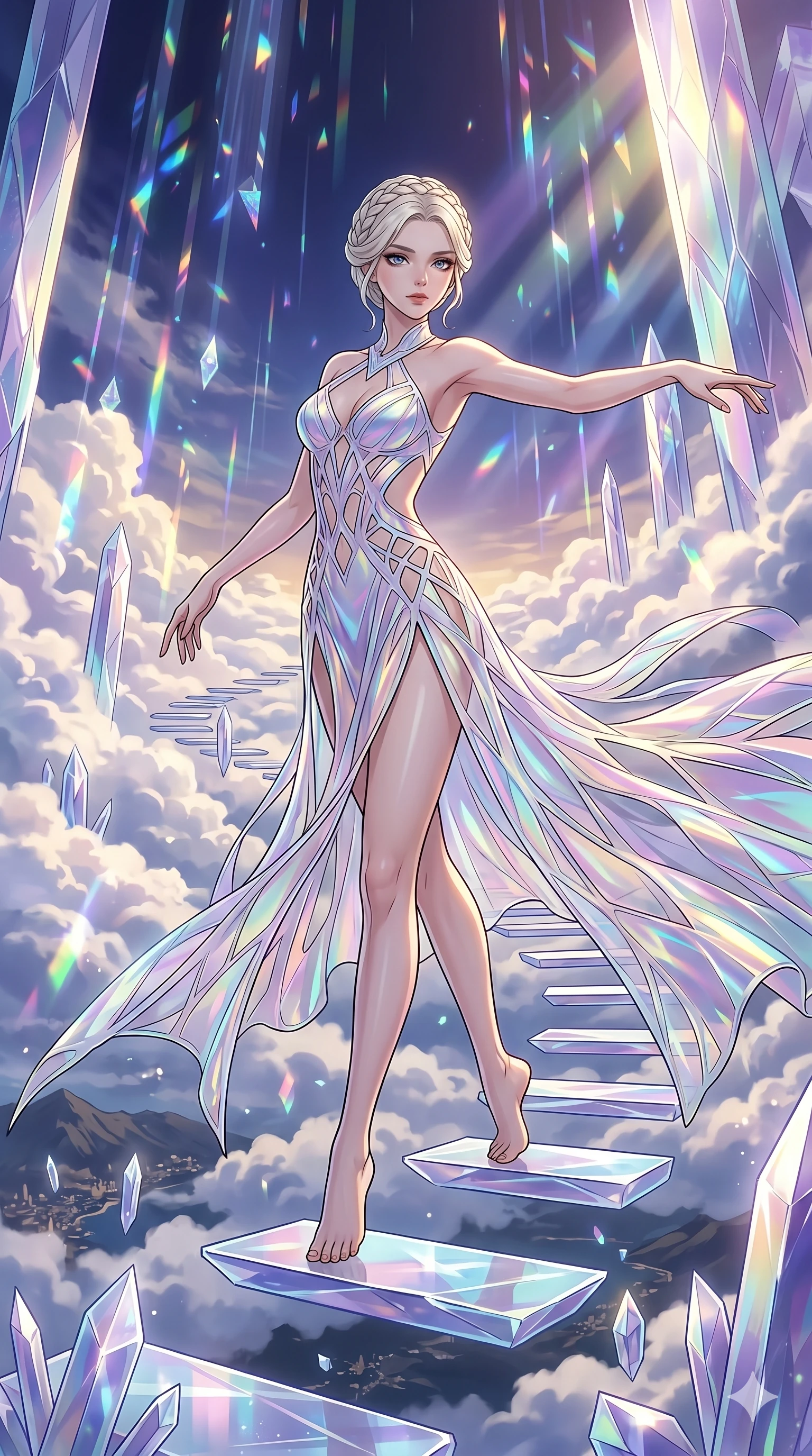 score_9, masterpiece, best quality, ultra-detailed, high-budget anime movie keyframe, cinematic anime lighting, intricate line art, Korean anime girl. Dynamic full-body shot stretching the vertical silhouette across the 9:16 frame. navigating a sea of clouds in a crystal palace above the clouds with holographic rain. She has an absolutely perfect 8-heads proportion, an exceptionally tall and slender female figure with an ultra-slim waist and impossibly long slender legs. sharp v-shaped jawline, high-bridge nose, intricate jewel-like eyes, thick eyelashes, glossy lips. Wearing avant-garde high-fashion gown made of iridescent vinyl with a dangerously high side slit and a elegant neckline, revealing an ultra-slim waist and long slender legs. The scene is illuminated by dramatic atmospheric lighting and vibrant color palettes. 2k, ultra detail, master piece, 9:16 ratio