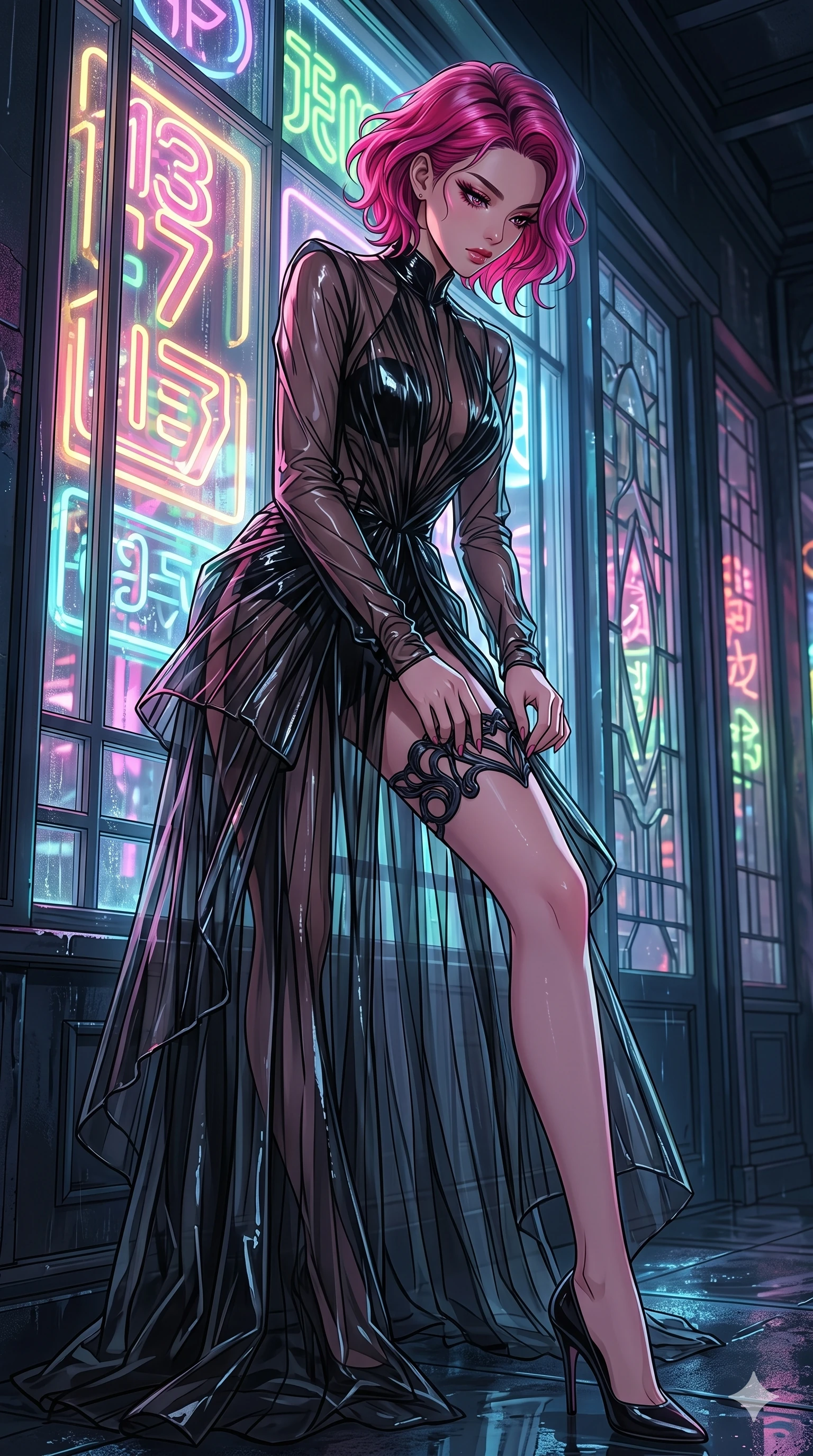 score_9, masterpiece, best quality, ultra-detailed, High-budget Anime Keyframe, East Asian woman. Low angle cowboy shot filling the entire 9:16 frame with her statuesque presence. Scenario 137: Adjusting her elegant hosiery by a glowing neon window. Her presence is magnetic and overpowering in this high-budget anime scene. Outfit 137: A sheer organza long with a sculptural leg-extending silhouette and wet-look texture. The clothing is designed to emphasize her exceptionally tall and slender 8-heads proportion. 8-heads proportion, towering silhouette, ultra-slim waist. sharp v-shaped jawline, intricate jewel-like eyes with depth, thick eyelashes, glossy lips. 2k, ultra detail, master piece, 9:16 ratio
