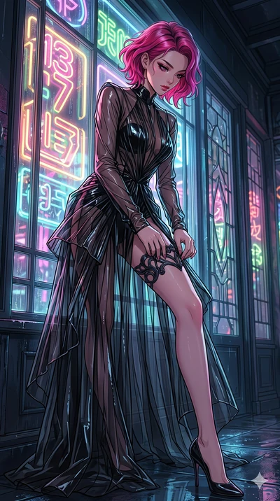 score_9, masterpiece, best quality, ultra-detailed, High-budget Anime Keyframe, East Asian woman. Low angle cowboy shot filling the entire 9:16 frame with her statuesque presence. Scenario 137: Adjusting her elegant hosiery by a glowing neon window. 