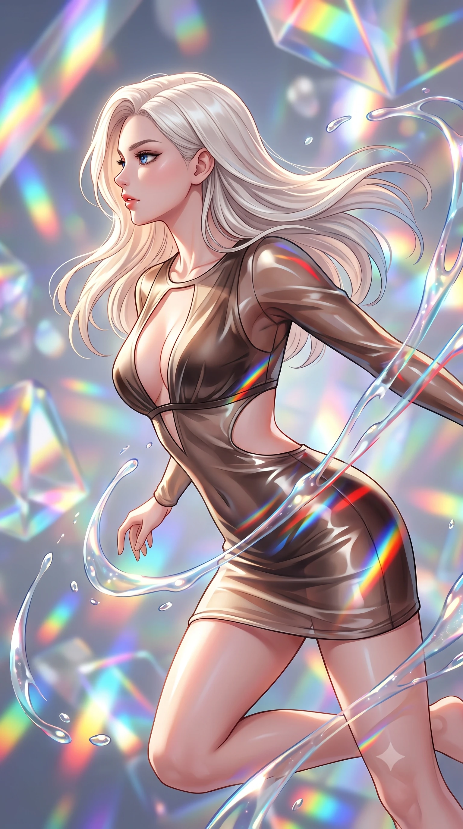 score_9, masterpiece, best quality, ultra-detailed, high-budget anime keyframe, editorial fashion photography, tasteful artistic composition, Caucasian woman. close-up cowboy shot from the waist and thighs up, the character dominates the composition, filling the frame with her large presence, background elements kept in soft focus. Turning her face in sharp profile while her upper body leans forward with poised athletic grace while pivoting gracefully mid-air as multi-color light refraction trails follow her movement, viscous opal liquid trails swirling around her silhouette in fluid zero-gravity arcs. She has an exceptionally elegant, slender, and willowy female figure with an ultra-slim waist, a gracefully sculpted slender torso, and a refined silhouette. sharp v-shaped jawline, high-bridge nose, intricate jewel-like eyes with depth, thick eyelashes, glossy lips with a natural sheen, flawlessly proportioned anatomical accuracy, natural body alignment, perfectly sculpted elegant limbs, clean dynamic posture without body distortion. wearing a liquid mercury gloss mini dress with ultra-deep V-neck and waist cutouts in espresso brown and warm cream, woven from fine semi-opaque sheer organza, accented with a Tasteful chest slit framing her clavicle gracefully, the form-contouring material highlighting her ultra-slim waist and long lines. bathed in brilliant multi-color rainbow light refracting through floating glass prisms. highly saturated vibrant anime colors, detailed shading with soft gradients, rich glossy textures, high-contrast stereoscopic depth, volumetric dynamic lighting, master piece, 9:16 ratio