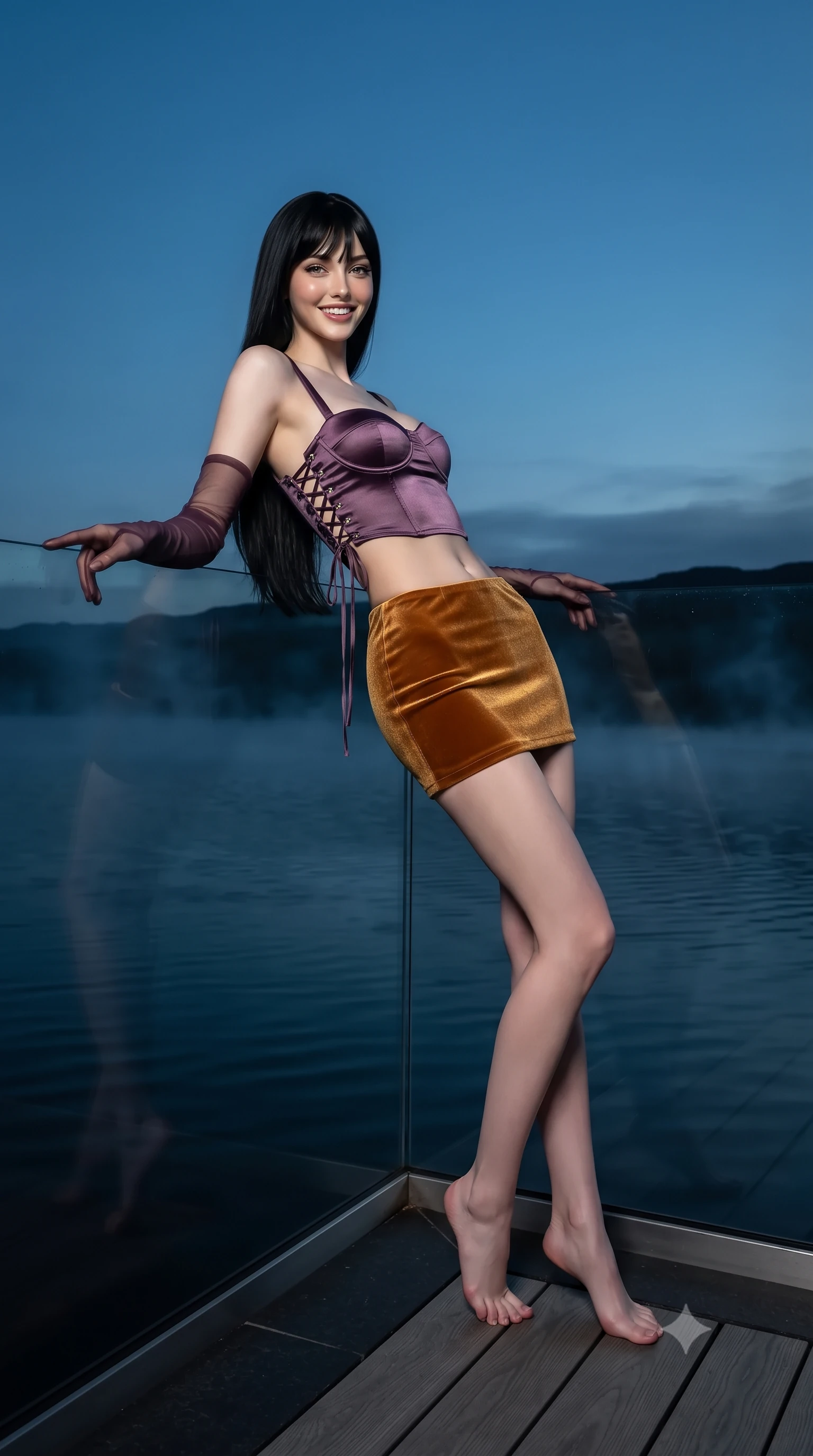 score_9, masterpiece, best quality, ultra-detailed, high-budget anime keyframe, editorial fashion photography, tasteful artistic composition, Caucasian woman. low angle full-body shot from head to toe showing her feet, filling the entire 9:16 vertical frame with her statuesque presence, stretching her vertical silhouette. leaning deep against the balcony balustrade with hips cocked back in an unapologetically alluring high-fashion stance, casting an intoxicating glance while standing poised on the heated black basalt terrace cantilevered directly over the ink-black waters of Loch Ness, arching her spine with wet-look siren grace as nocturnal mist curls across the loch. The surrounding environment is rendered in vivid detail and crisp panoramic clarity: sharp frameless glass corner bevels, natural aromatic cedar planking grain, and still dark peat water ripples in deep focus. She has an exceptionally tall and slender model-like 8.5-heads proportion, an ultra-slim waist, a flat toned midriff, narrow delicate ribcage, and beautifully sculpted feminine hips creating a graceful, slim hourglass silhouette without any bulky heaviness, with impossibly long slender legs. sharp v-shaped jawline, high-bridge nose, intricate jewel-like sparkling eyes with depth, thick eyelashes, glossy parted lips with a natural peach sheen, bright cheerful beaming smile with an enchanting and coquettish sensual glint, exuding both youthful cute charm and seductive allure, flawlessly proportioned anatomical accuracy, strict slender model proportions, natural body alignment, perfectly sculpted long slender limbs, ultra-slim waistline, clean dynamic posture without body distortion. wearing a sculpted satin underwire crop bustier with lace-up side ties paired with a micro skirt in Scottish Highlands heather thistle purple and antique hearth ember gold, tailored from ultra-plush silk velvet with rich tactile depth and deep shadow gradients, complemented by sheer opera-length evening gloves tracing her slender arms, the bespoke structured tailoring following the natural line of her 8.5-heads silhouette with refined elegance. illuminated by loch water reflection bounce and sharp platinum-cyan rim lights defining her dewy collarbones, ultra-slim waist, and curvy hips. ultra-reflective glossy finish, specular highlights, rich textural contrasts, high-contrast stereoscopic depth, volumetric dynamic lighting, 2k, ultra detail, master piece, 9:16 ratio