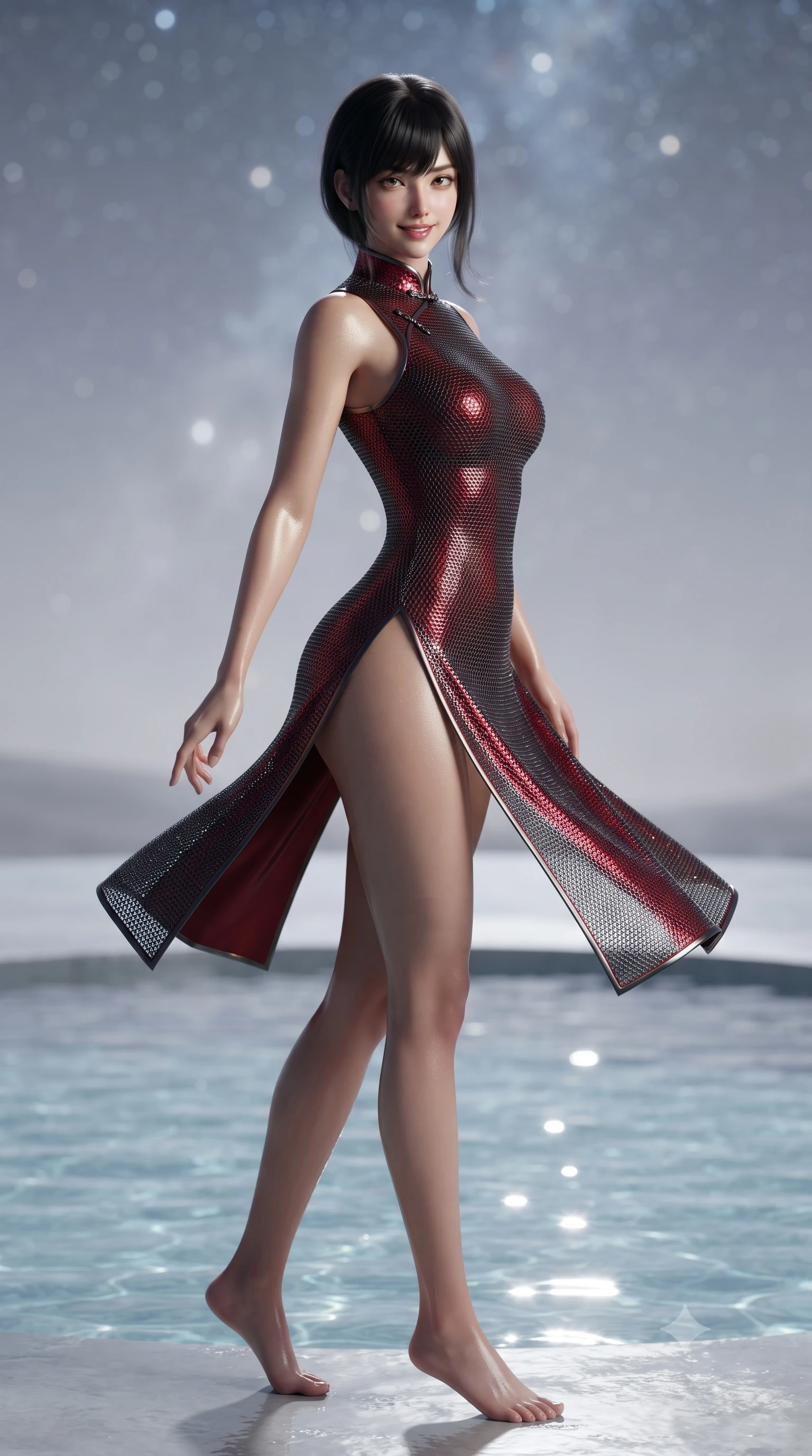 score_9, masterpiece, best quality, ultra-detailed, high-budget anime keyframe, editorial fashion photography, tasteful artistic composition, Caucasian woman. low angle full-body shot from head to toe showing her feet, filling the entire 9:16 vertical frame with her statuesque presence, stretching her vertical silhouette. executing a slow, graceful pivot turn as her skirt sways around her slender legs, glancing back with an enchanting, teasing sensual expression while twisting her slender torso in an alluring S-curve beside the water, thousands of desert stars reflecting across her dewy collarbones and hips. The background shows a soft-focus subtle water surface ripples softened in tranquil celestial sanctuary shallow focus. She has an exceptionally tall and slender model-like 8.5-heads proportion, an ultra-slim waist, a flat toned midriff, narrow delicate ribcage, and beautifully sculpted feminine hips creating a graceful, slim hourglass silhouette without any bulky heaviness, with impossibly long slender legs. sharp v-shaped jawline, high-bridge nose, intricate jewel-like sparkling eyes with depth, thick eyelashes, glossy parted lips with a natural peach sheen, bright cheerful beaming smile with an enchanting and coquettish sensual glint, exuding both youthful cute charm and seductive allure, flawlessly proportioned anatomical accuracy, strict slender model proportions, natural body alignment, perfectly sculpted long slender limbs, ultra-slim waistline, clean dynamic posture without body distortion. wearing a modern cheongsam-inspired form-fitting sleeveless mini dress with mandarin collar and dramatic hip-high side slits in rich ruby crimson and dark brushed titanium, made of shimmering fluid gold chainmail mesh reflecting ambient chandelier light, accented with delicate golden wrist cuffs reflecting warm chandelier light, the liquid-tight tailored fabric clinging flawlessly to her narrow waist and rounded feminine hips, emphasizing every millimeter of her sculpted slim hourglass curves without any bulky heaviness. illuminated by pool caustics bounce and crisp silver-gold rim lights defining her razor-sharp jawline, narrow waist, and curvy hips. ultra-reflective glossy finish, specular highlights, rich textural contrasts, high-contrast stereoscopic depth, volumetric dynamic lighting, 2k, ultra detail, master piece, 9:16 ratio