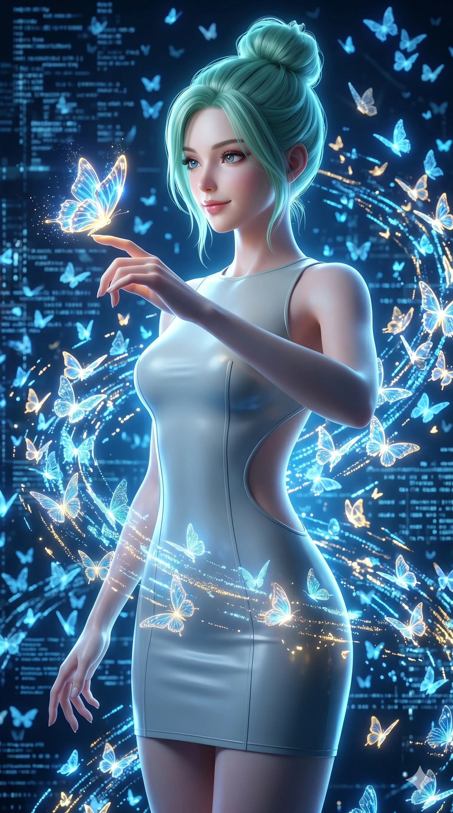 score_9, masterpiece, best quality, ultra-detailed, high-budget anime keyframe, semi-realistic 3D game render, Japanese woman. Upper body close-up from the thighs up, character filling the screen for maximum presence. She is surrounded by thousands of glowing digital butterflies that orbit her body. She reaches out to let one land on her finger, looking at it with a soft, captivating smile. She has an absolutely perfect 8-heads proportion, an exceptionally tall and slender female figure with impossibly long slender legs and an ultra-slim waist. V-shaped jawline, high-bridge nose, intricate jewel-like eyes with depth, thick eyelashes, glossy lips with a natural sheen. She is wearing a second-skin fashion-latex mini dress with a clean architectural front, featuring an open-back design that wraps around the sides of her waist, showcasing her slender silhouette. The scene is lit by brilliant blue and gold light from the butterflies and a sharp side key light. 2k, ultra detail, master piece, 9:16 ratio