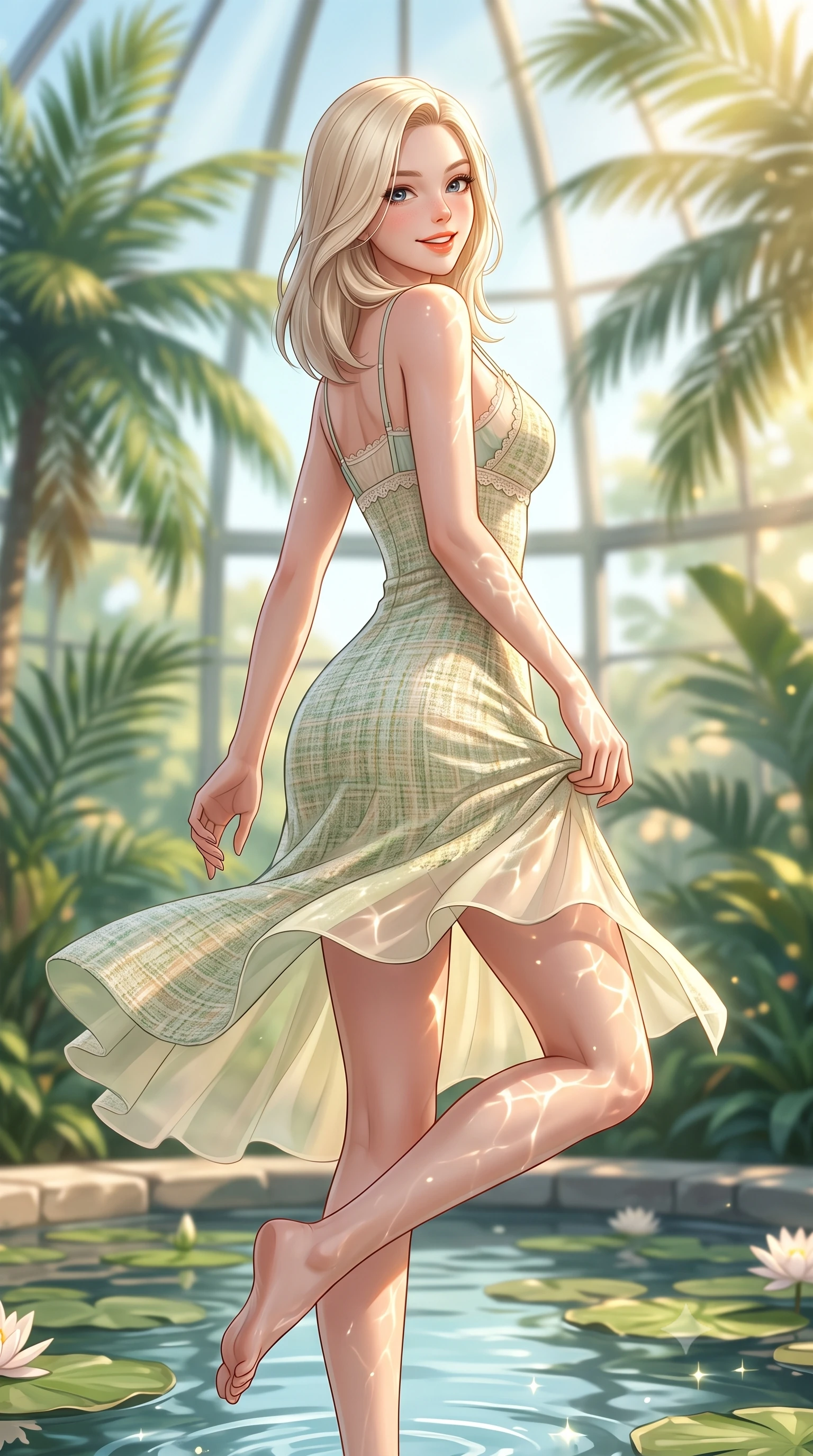 score_9, masterpiece, best quality, ultra-detailed, high-budget anime keyframe, semi-realistic 3D game render, editorial fashion photography, tasteful artistic composition, Caucasian woman. low angle full-body shot from head to toe showing her feet, filling the entire 9:16 vertical frame with her statuesque presence, stretching her vertical silhouette. executing a cheerful mid-motion pivot turn as her skirt flutters around her slender legs, glancing over her shoulder with an intoxicating, teasing cute expression while wading lightly beside a tranquil stone lily pond with one knee bent, water caustics tracing her feminine hips and long slender legs. The composition keeps background elements in soft focus with dreamy creamy bokeh. lush tropical palm fronds and soaring glass dome panes blurred into a dreamy emerald, jade, and golden sunbeam bokeh. She has an exceptionally tall and slender model-like 8.5-heads proportion, an ultra-slim waist, a flat toned midriff, narrow delicate ribcage, and beautifully sculpted feminine hips creating a graceful, slim hourglass silhouette without any bulky heaviness, with impossibly long slender legs. sharp v-shaped jawline, high-bridge nose, intricate jewel-like sparkling eyes with depth, thick eyelashes, glossy parted lips with a natural peach sheen, bright cheerful beaming smile with an enchanting and coquettish sensual glint, exuding both youthful cute charm and seductive allure, flawlessly proportioned anatomical accuracy, strict slender model proportions, natural body alignment, perfectly sculpted long slender limbs, ultra-slim waistline, clean dynamic posture without body distortion. wearing a delicate semi-sheer chiffon sun-slip dress layered over a matching pastel bralette, hugging her slender waist and hips in matcha green and warm ivory, tailored from soft pastel tweed with subtle metallic shimmer, finished with delicate lace scallop edging along the neckline, the liquid-tight tailored fabric clinging flawlessly to her narrow waist and rounded feminine hips, emphasizing every millimeter of her sculpted slim hourglass curves without any bulky heaviness. illuminated by sparkling pool water caustics sharply sculpting her razor-sharp jawline, narrow waist, and curvy hips. highly saturated vibrant anime colors, detailed shading with soft gradients, rich glossy textures, high-contrast stereoscopic depth, volumetric dynamic lighting, master piece, 9:16 ratio