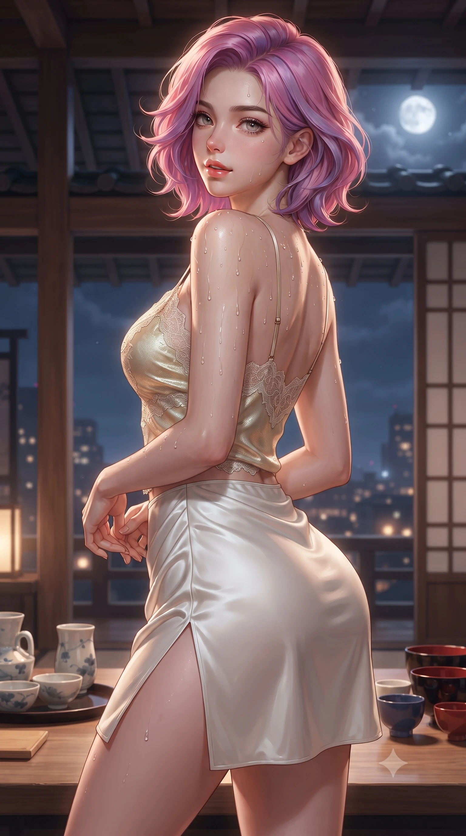 score_9, masterpiece, best quality, ultra-detailed, high-budget anime keyframe, editorial fashion photography, tasteful artistic composition, Caucasian woman. close-up cowboy shot from the waist and thighs up, the character dominates the composition, filling the frame with her large presence. posing in an alluring rear three-quarter angle, looking over a bare shoulder with parted glossy lips, her hips cocked back to highlight her slim hourglass curve while twisting her slender torso in an alluring S-curve, cool mountain night breezes fluttering her dress around her long slender legs and curvy hips. The surrounding environment is rendered in vivid detail and crisp panoramic clarity: sharp natural cedar wood grain, antique ceramic roof tiles, and delicate sake cup lacquer glaze in deep focus. She has an exceptionally elegant, slender, and willowy female figure with an ultra-slim waist, flat toned midriff, narrow ribcage, and sculpted feminine hips creating an alluring, slim hourglass silhouette without bulk. sharp v-shaped jawline, high-bridge nose, sparkling eyes with hypnotic seductive depth, thick curled eyelashes, glossy parted lips with a natural dewy peach sheen, alluring bedroom-eyes with an enchanting coquettish smile, exuding magnetic siren charisma and sophisticated glamour, flawlessly proportioned anatomical accuracy, strict slender model proportions, natural body alignment, perfectly sculpted long slender limbs, ultra-slim waistline, clean dynamic posture without body distortion. wearing a delicate lace-trimmed silk camisole paired with a draped satin tulip mini skirt with high side slit in pure alabaster with golden sheen, crafted from fluid liquid silk satin that clings smoothly to every curve with a dewy sheen, finished with glistening drops of hot spring or lagoon water beading across her sculpted shoulders and collarbones, the high-slit wrap tailoring accentuating her ultra-slim waistline and the enchanting curve of her feminine hips with alluring seductive charm. bathed in soft low-voltage floor wash lighting combined with distant city glow and silver full moonlight. ultra-reflective glossy finish, specular highlights, rich textural contrasts, high-contrast stereoscopic depth, volumetric dynamic lighting, 2k, ultra detail, master piece, 9:16 ratio