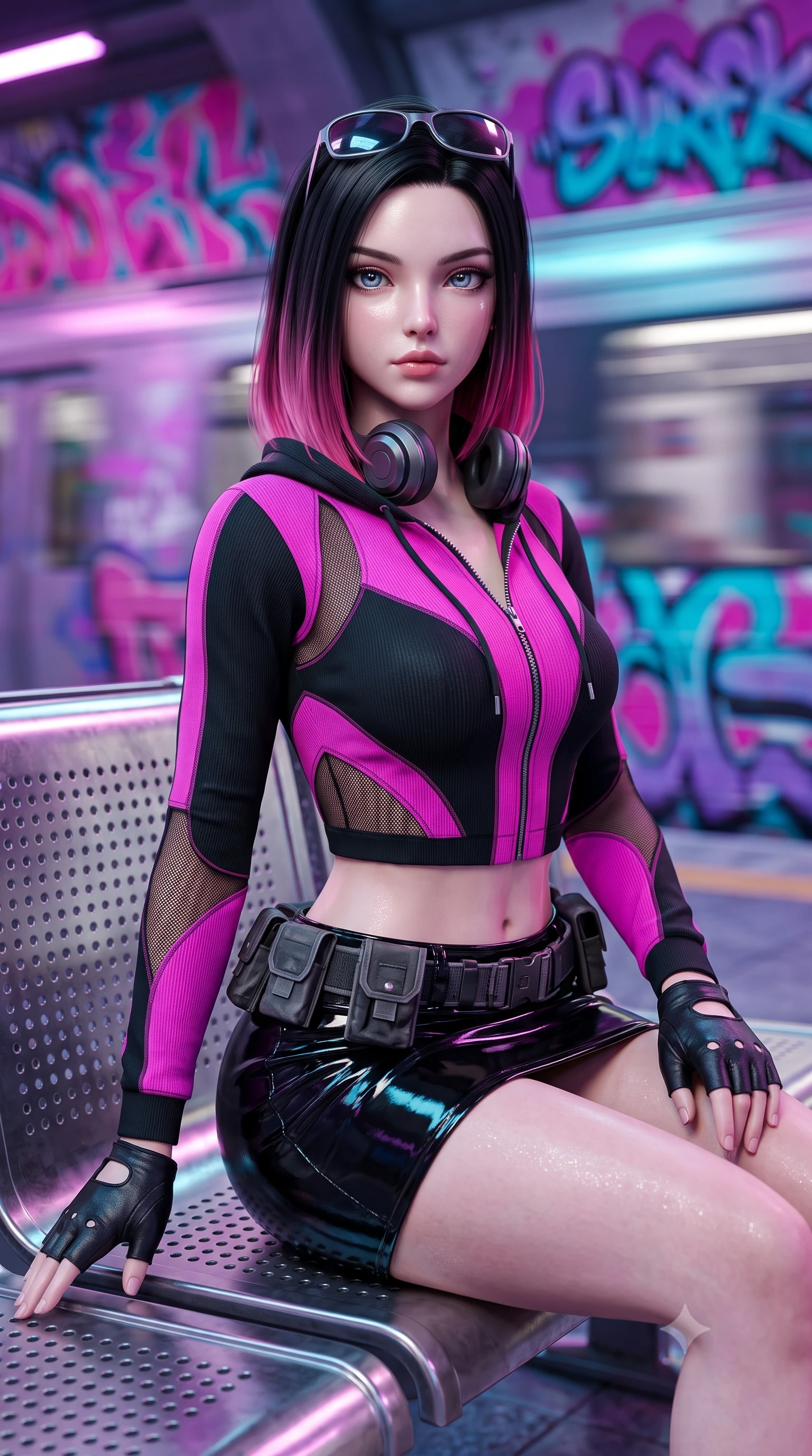 score_9, masterpiece, best quality, ultra-detailed, high-budget anime keyframe, semi-realistic 3D game render, editorial fashion photography, tasteful artistic composition, Korean woman. close-up cowboy shot from the waist and thighs up, the character dominates the composition, filling the frame with her large presence. radiating intense magnetic charisma with jewel-like eyes locked onto the viewer, her upper body turning in a dynamic, fluid S-curve while sitting casually on a stainless steel station bench with legs crossed, headphones around her neck, looking directly into the lens. The composition keeps background elements in soft focus with creamy bokeh. speeding maglev train motion blur and glowing neon graffiti tags blurred into vivid magenta, cyan, and violet bokeh. She has an exceptionally elegant, slender, and willowy female figure with an ultra-slim waist, a gracefully sculpted slender torso, toned flat midriff, and a refined slim silhouette. sharp v-shaped jawline, high-bridge nose, intricate jewel-like eyes with depth, thick eyelashes, glossy lips with a natural sheen, captivating and magnetic expression, flawlessly proportioned anatomical accuracy, strict slender model proportions, natural body alignment, perfectly sculpted long slender limbs, ultra-slim waistline, clean dynamic posture without body distortion. wearing a glossy patent-leather mini skirt paired with a zippered crop hoodie and tactical utility belt in matte pitch-black and vivid neon magenta, made of stretchy ribbed athletic knit with sheer mesh cutout inserts, accessorized with retro futuristic sunglasses and fingerless leather gloves, the sleek tailored cut tightly hugging her graceful clavicle, narrow waist, and feminine curves with statuesque precision. illuminated by crisp specular highlights defining her toned flat midriff and athletic curves. highly saturated vibrant anime colors, detailed shading with soft gradients, rich glossy textures, high-contrast stereoscopic depth, volumetric dynamic lighting, master piece, 9:16 ratio