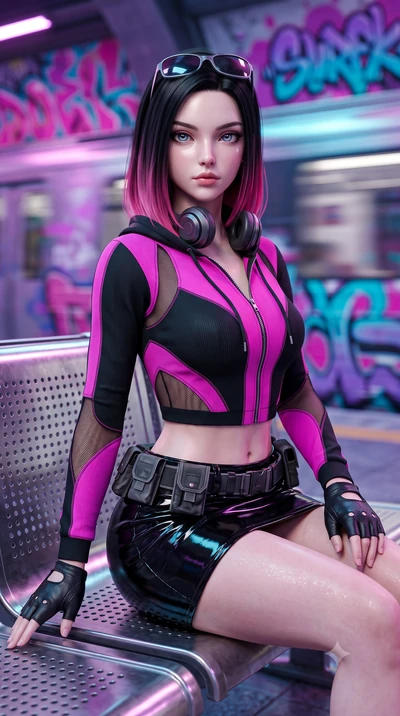 score_9, masterpiece, best quality, ultra-detailed, high-budget anime keyframe, semi-realistic 3D game render, editorial fashion photography, tasteful artistic composition, Korean woman. close-up cowboy shot from the waist and thighs up, the characte