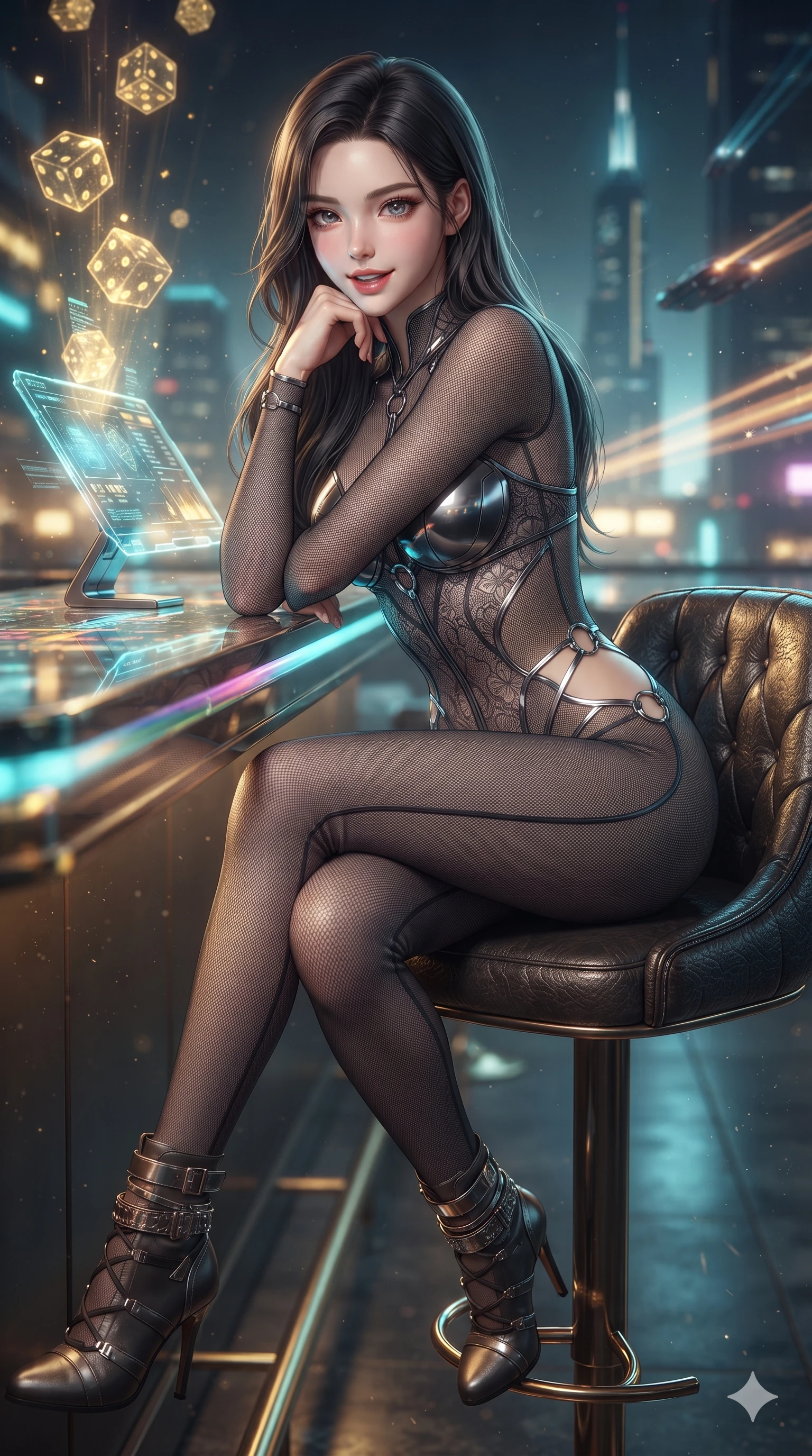 score_9, masterpiece, best quality, ultra-detailed, high-budget anime keyframe, editorial fashion photography, tasteful artistic composition, Korean woman. close-up cowboy shot from the waist and thighs up, the character dominates the composition, filling the frame with her large presence. resting one elbow on the diagnostic terminal and supporting her chin, leaning close to the camera with parted glossy lips and sparkling eyes while perched gracefully on a high leather bar stool with legs crossed, flashing an enchanting, playful smile with parted glossy lips. The background shows a soft-focus tumbling golden holographic dice projections, soaring skyscraper light spires, and flying vehicle light trails blurred into gold, cyan, and midnight blue bokeh. She has an exceptionally elegant, slender, and willowy female figure with an ultra-slim waist, flat toned midriff, narrow ribcage, and sculpted feminine hips creating an alluring, slim hourglass silhouette without bulk. sharp v-shaped jawline, high-bridge nose, intricate jewel-like sparkling eyes with depth, thick eyelashes, glossy parted lips with a natural sheen, bright confident smile with an enchanting and coquettish sensual glint, exuding both youthful magnetic charm and sovereign high-tech allure, flawlessly proportioned anatomical accuracy, strict slender model proportions, natural body alignment, perfectly sculpted long slender limbs, ultra-slim waistline, clean dynamic posture without body distortion. wearing a form-contouring semi-opaque dark mesh catsuit with carbon-plated cups and fine lace-pattern panels across her torso in charcoal grey and polished chrome, adorned with delicate chrome ring hardware and cutouts along her slender waist, complemented by strappy stiletto combat boots with metallic ankle wraps accentuating her slender calves, the bespoke structured tailoring following the natural line of her 8.5-heads silhouette with refined elegance. illuminated by bar top reflections and sharp gold-cyan rim lights defining her razor-sharp jawline, narrow waist, and curvy hips. ultra-reflective glossy finish, specular highlights, rich textural contrasts, high-contrast stereoscopic depth, volumetric dynamic lighting, 2k, ultra detail, master piece, 9:16 ratio