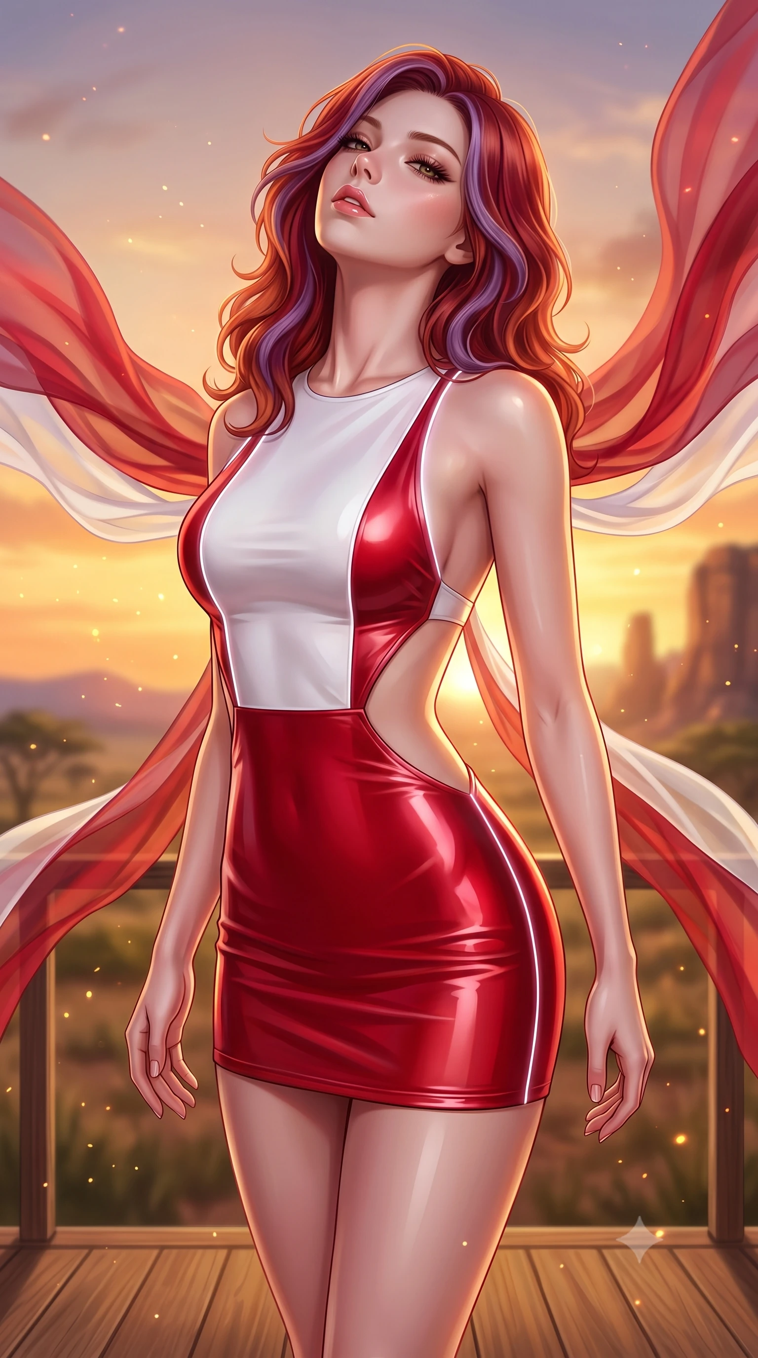 score_9, masterpiece, best quality, ultra-detailed, high-budget anime keyframe, semi-realistic 3D game render, editorial fashion photography, tasteful artistic composition, Caucasian woman. close-up cowboy shot from the waist and thighs up, the character dominates the composition, filling the frame with her large presence. tilting her head back with a sensual alluring expression, exposing her throat and shoulders to the camera with heavy lashes and softly parted glossy lips while standing with sovereign grace on a teak viewing deck as golden evening winds billow her sheer chiffon drapes against the sunset. The composition keeps background elements in soft focus with creamy bokeh. warm golden hour dust motes scattering radiant sunset glow across a breathtaking wilderness backdrop. She has an exceptionally elegant, slender, and willowy female figure with an ultra-slim waist, a gracefully sculpted slender torso, toned flat midriff, and a refined slim silhouette. sharp v-shaped jawline, high-bridge nose, intricate jewel-like eyes with depth, thick eyelashes, glossy lips with a natural sheen, flawlessly proportioned anatomical accuracy, strict slender model proportions, natural body alignment, perfectly sculpted long slender limbs, ultra-slim waistline, clean dynamic posture without body distortion. wearing a second-skin fashion-latex mini dress with a clean architectural front, featuring an open-back design that wraps around the sides of her waist, showcasing her slender silhouette in radiant crimson silk and crisp snow white, tailored from semi-translucent cybernetic vinyl with glowing micro-filaments, accented with glowing fiber-optic seams tracing her collarbones and hip curves, the form-contouring material adhering flawlessly to her sculpted flat midriff and slender torso, emphasizing her long leg lines and perfectly proportioned willowy build. surrounded by an exotic, wild, and intensely magnetic safari luxury lifestyle aura. highly saturated vibrant anime colors, detailed shading with soft gradients, rich glossy textures, high-contrast stereoscopic depth, volumetric dynamic lighting, master piece, 9:16 ratio