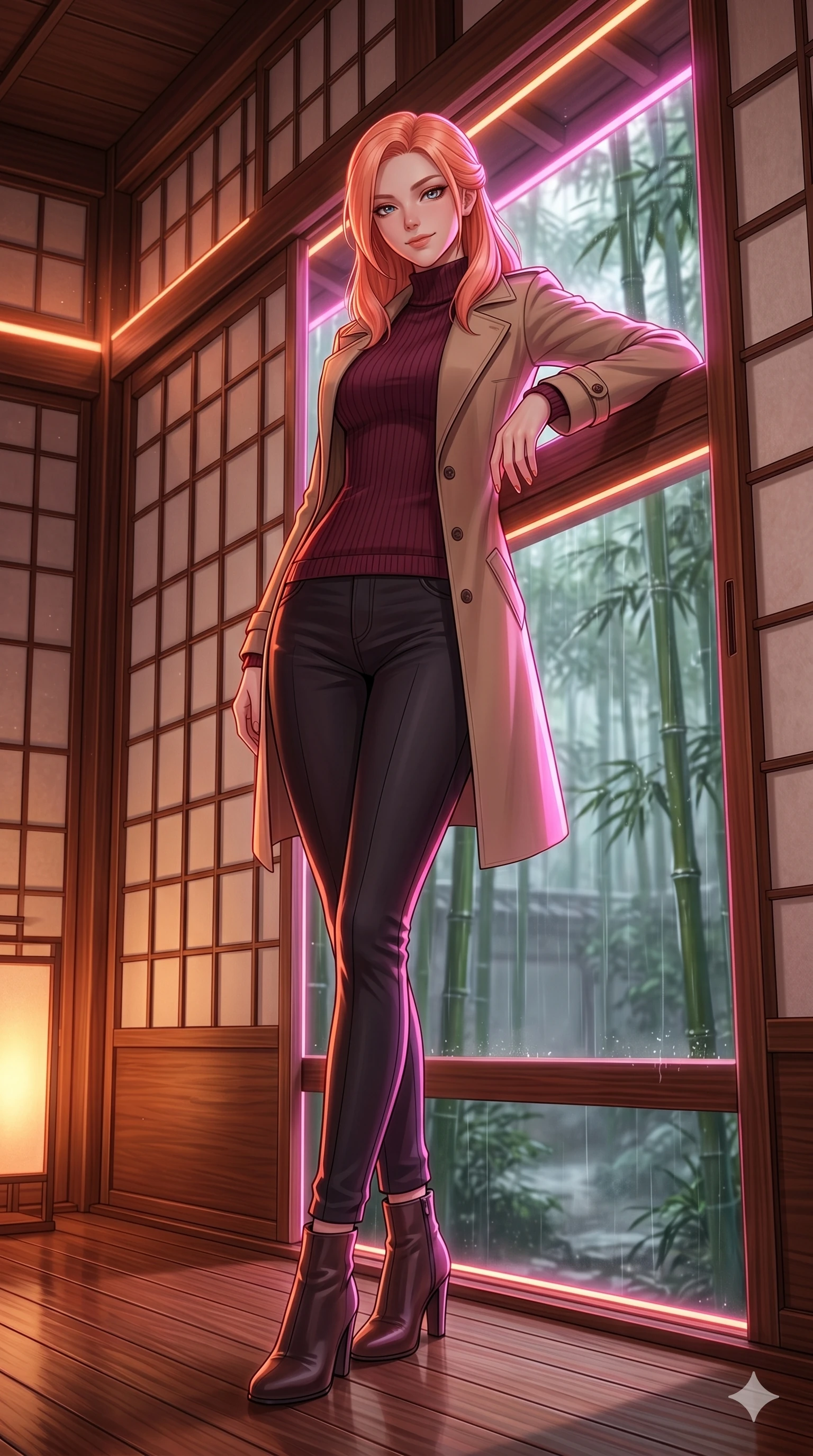 score_9, masterpiece, best quality, ultra-detailed, high-budget anime keyframe, editorial fashion photography, tasteful artistic composition, Japanese woman. low angle full-body shot from head to toe showing her feet, filling the entire 9:16 vertical frame with her statuesque presence, stretching her vertical silhouette. resting her elbow on the railing, looking over her shoulder with a playful, composed, magnetic smile in a traditional shoji study room overlooking a rain-swept bamboo garden (Code-P18-018). She has an absolutely perfect 8-heads proportion, an exceptionally tall and slender female figure with impossibly long slender legs and an ultra-slim waist. V-shaped jawline, high-bridge nose, intricate jewel-like eyes with depth, thick eyelashes, glossy lips with a natural sheen. wearing a high-neck long-sleeved knit sweater under a structured trench coat. intense pink and orange neon rim lights, outlining her 8-heads proportion and slim waist. 2k, ultra detail, master piece, 9:16 ratio
