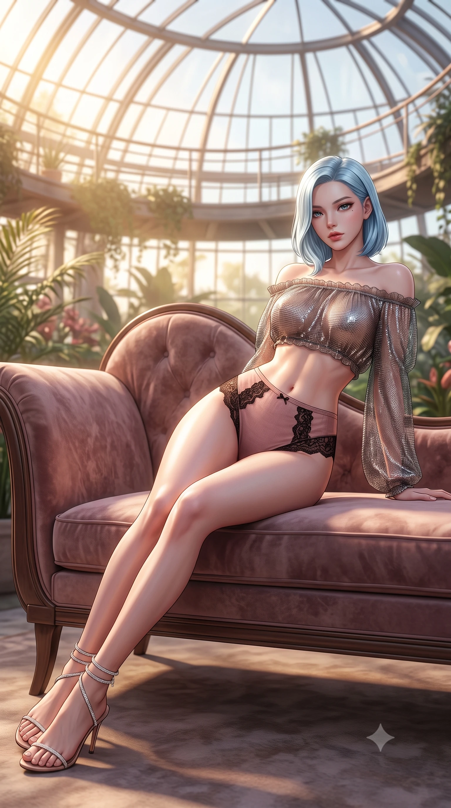 score_9, masterpiece, best quality, ultra-detailed, high-budget anime keyframe, semi-realistic 3D game render, editorial fashion photography, tasteful artistic composition, Korean woman. low angle full-body shot from head to toe showing her feet, filling the entire 9:16 vertical frame with her statuesque presence, stretching her vertical silhouette. reclining gracefully across the plush chaise lounge with one leg extended, her sculpted silhouette and flat midriff radiating magnetic nocturnal glamour while twisting her slender torso in an alluring contrapposto stance, morning sunlight streaming through curved glass panes onto her flat midriff and hips. The background shows a soft-focus aerial catwalk railings softened in romantic botanical garden shallow focus. She has an absolutely perfect, statuesque 8.5-heads proportion, an exceptionally tall and slender model-like female figure with impossibly long slender legs, an ultra-slim waist, a flat toned midriff, narrow delicate ribcage, and beautifully sculpted feminine hips creating a graceful, slim hourglass silhouette without any bulky heaviness. sharp v-shaped jawline, high-bridge nose, sparkling eyes with hypnotic seductive depth, thick curled eyelashes, glossy parted lips with a natural dewy peach sheen, alluring bedroom-eyes with an enchanting coquettish smile, exuding magnetic siren charisma and sophisticated glamour, flawlessly proportioned anatomical accuracy, strict slender model proportions, natural body alignment, perfectly sculpted long slender limbs, ultra-slim waistline, clean dynamic posture without body distortion. wearing an off-the-shoulder sheer peasant crop blouse with ruched neckline paired with tight high-waisted linen briefs in dusky blush rose and antique black chantilly lace, crafted from shimmering fluid chainmail mesh reflecting ambient casino lights, complemented by strappy stiletto sandals with crystal ankle wraps accentuating her slender calves, the form-contouring silhouette accentuating her sculpted flat midriff, narrow delicate ribcage, and gracefully curvy hips with intoxicating allure. bathed in luminous golden morning sunlight streaming through hundreds of curved glass roof panels. highly saturated vibrant anime colors, detailed shading with soft gradients, rich glossy textures, high-contrast stereoscopic depth, volumetric dynamic lighting, master piece, 9:16 ratio