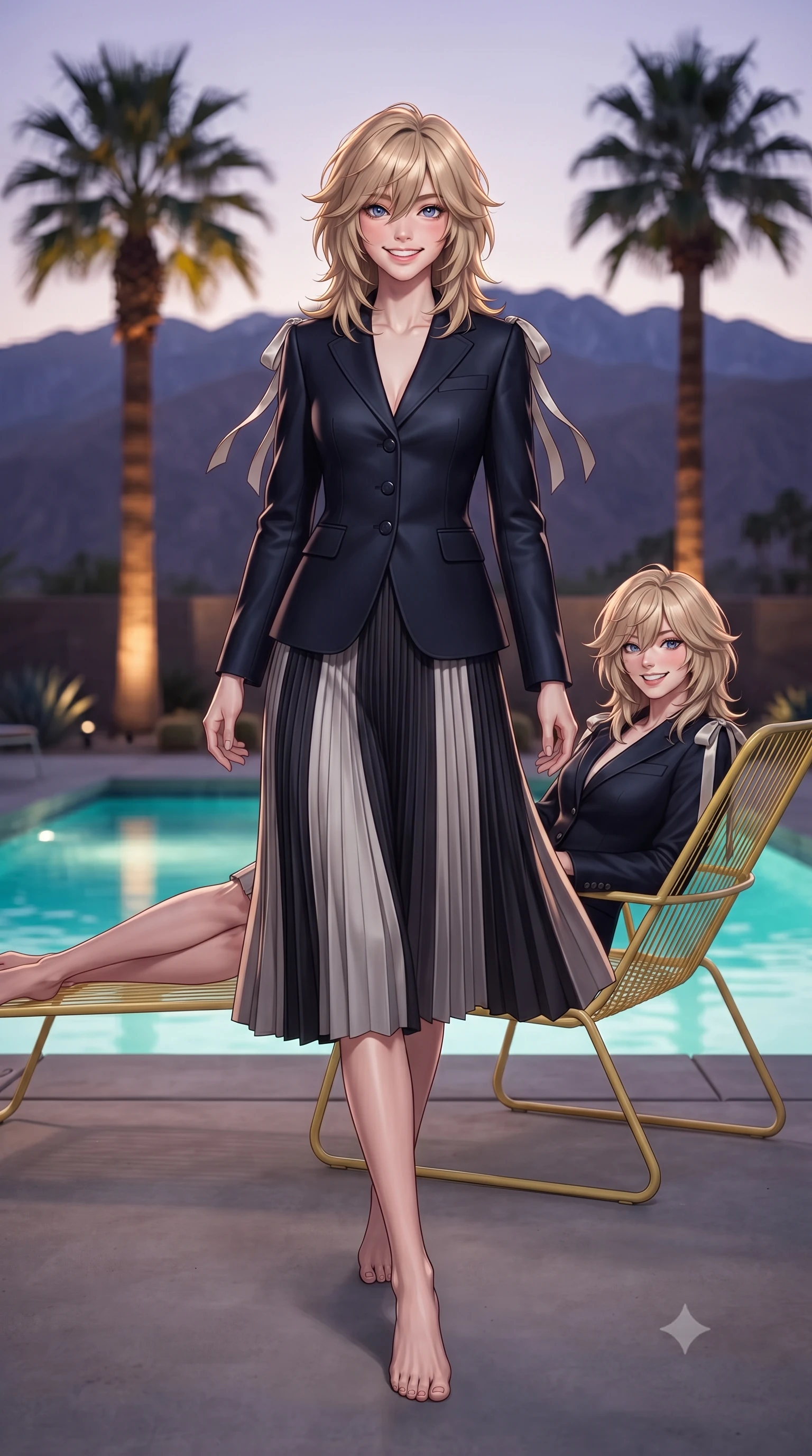 score_9, masterpiece, best quality, ultra-detailed, high-budget anime keyframe, editorial fashion photography, tasteful artistic composition, Japanese woman. low angle full-body shot from head to toe showing her feet, filling the entire 9:16 vertical frame with her statuesque presence, stretching her vertical silhouette. stepping slowly toward the camera with hypnotic grace, hips swaying in an alluring sensual rhythm that accentuates her curvy hourglass silhouette and long slender legs while lounging gracefully across the vintage yellow wire lounge chair propped on one elbow with legs extended, displaying her long slender limbs and hourglass silhouette. The background shows a soft-focus illuminated twin fan palms against the purple San Jacinto mountain silhouettes, glowing turquoise pool waters, and desert stars blurred into coral, turquoise, and lavender bokeh. She has an exceptionally tall and slender model-like 8.5-heads proportion, an ultra-slim waist, a flat toned midriff, narrow delicate ribcage, and beautifully sculpted feminine hips creating a graceful, slim hourglass silhouette without any bulky heaviness, with impossibly long slender legs. sharp v-shaped jawline, high-bridge nose, intricate jewel-like sparkling eyes with depth, thick eyelashes, glossy parted lips with a natural peach sheen, bright cheerful beaming smile with an enchanting and coquettish sensual glint, exuding both youthful cute charm and seductive allure, flawlessly proportioned anatomical accuracy, strict slender model proportions, natural body alignment, perfectly sculpted long slender limbs, ultra-slim waistline, clean dynamic posture without body distortion. wearing a tailored navy wool equestrian riding blazer paired with a pleated midi skirt in Joshua Tree Mojave obsidian and starlight platinum, crafted from bespoke double-faced cashmere with an exceptionally soft tactile finish, finished with satin ribbon ties at the shoulders fluttering in the gentle breeze, the impeccably tailored cut draping gracefully along her slender figure with aristocratic poise. illuminated by pool surface specular bounce and sharp gold-and-cyan dual rim lights sculpting her jawline, narrow waist, and curvy hips. ultra-reflective glossy finish, specular highlights, rich textural contrasts, high-contrast stereoscopic depth, volumetric dynamic lighting, 2k, ultra detail, master piece, 9:16 ratio