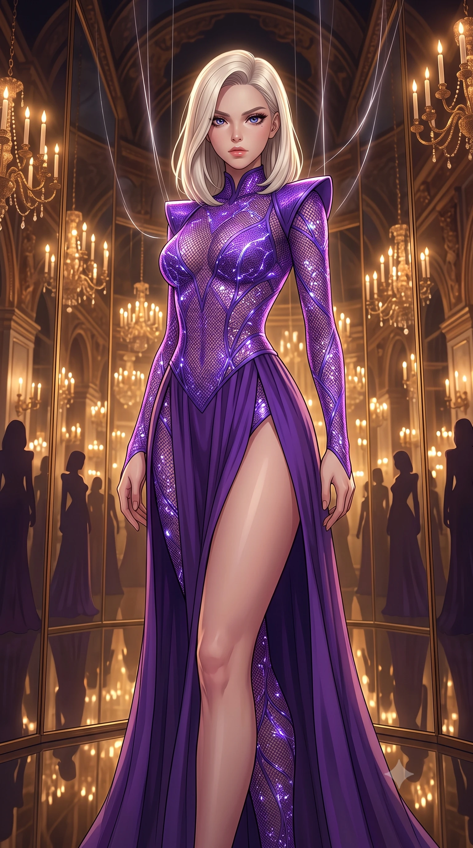 score_9, masterpiece, best quality, ultra-detailed, High-budget Anime Keyframe, Caucasian woman, strictly human ears. Low angle cowboy shot filling the entire 9:16 frame with her statuesque presence. Scenario 507: suspended by invisible silk threads inside a hall of mirrors reflecting infinite silhouettes in warm candlelight. Her presence is magnetic and overpowering in this high-budget anime scene. Outfit 507: a form-contouring neon violet micro-mesh lace catsuit featuring a high-slit skirt and structured shoulders. The clothing is designed to emphasize her exceptionally tall and slender 8-heads proportion. 8-heads proportion, towering silhouette, ultra-slim waist. sharp v-shaped jawline, intricate jewel-like eyes with depth, thick eyelashes, glossy lips. 2k, ultra detail, master piece, 9:16 ratio