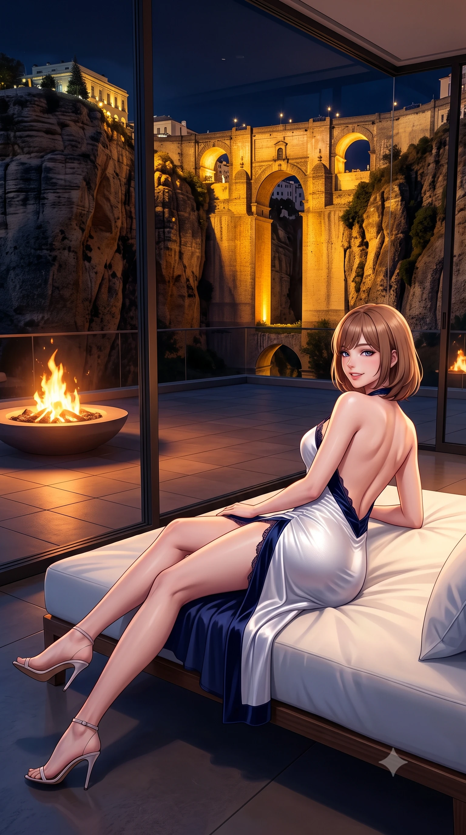 score_9, masterpiece, best quality, ultra-detailed, high-budget anime keyframe, semi-realistic 3D game render, editorial fashion photography, tasteful artistic composition, Caucasian woman. low angle full-body shot from head to toe showing her feet, filling the entire 9:16 vertical frame with her statuesque presence, stretching her vertical silhouette. posing in a classic haute-couture S-curve stance beside the floor-to-ceiling window, looking over a bare shoulder with magnetic presence while lounging in the modern white daybed propped on one elbow with legs extended, displaying her long slender limbs and statuesque hourglass silhouette against the gorge. The surrounding environment is rendered in vivid detail and crisp panoramic clarity: detailed garment cut, bodycon fit, and breathtaking gorge engineering in high resolution. She has an exceptionally tall and slender model-like 8.5-heads proportion, an ultra-slim waist, a flat toned midriff, narrow delicate ribcage, and beautifully sculpted feminine hips creating a graceful, slim hourglass silhouette without any bulky heaviness, with impossibly long slender legs. sharp v-shaped jawline, high-bridge nose, intricate jewel-like sparkling eyes with depth, thick eyelashes, glossy parted lips with a natural peach sheen, bright cheerful beaming smile with an enchanting and coquettish sensual glint, exuding both youthful cute charm and seductive allure, flawlessly proportioned anatomical accuracy, strict slender model proportions, natural body alignment, perfectly sculpted long slender limbs, ultra-slim waistline, clean dynamic posture without body distortion. wearing a provocative backless halterneck silk lamé mini dress with deep scoop back down to her lower spine and thigh-high slit in Mount Fuji snow-peak white and midnight indigo silk, tailored from ultra-plush silk velvet with rich tactile depth and deep shadow gradients, finished with scalloped eyelash lace trim framing her sweetheart neckline with intimate elegance, the bespoke structured tailoring following the natural line of her 8.5-heads silhouette with refined elegance. bathed in the contrast of warm 2100K terrace fire pit flames and golden architectural floodlights on the Puente Nuevo bridge. highly saturated vibrant anime colors, detailed shading with soft gradients, rich glossy textures, high-contrast stereoscopic depth, volumetric dynamic lighting, master piece, 9:16 ratio