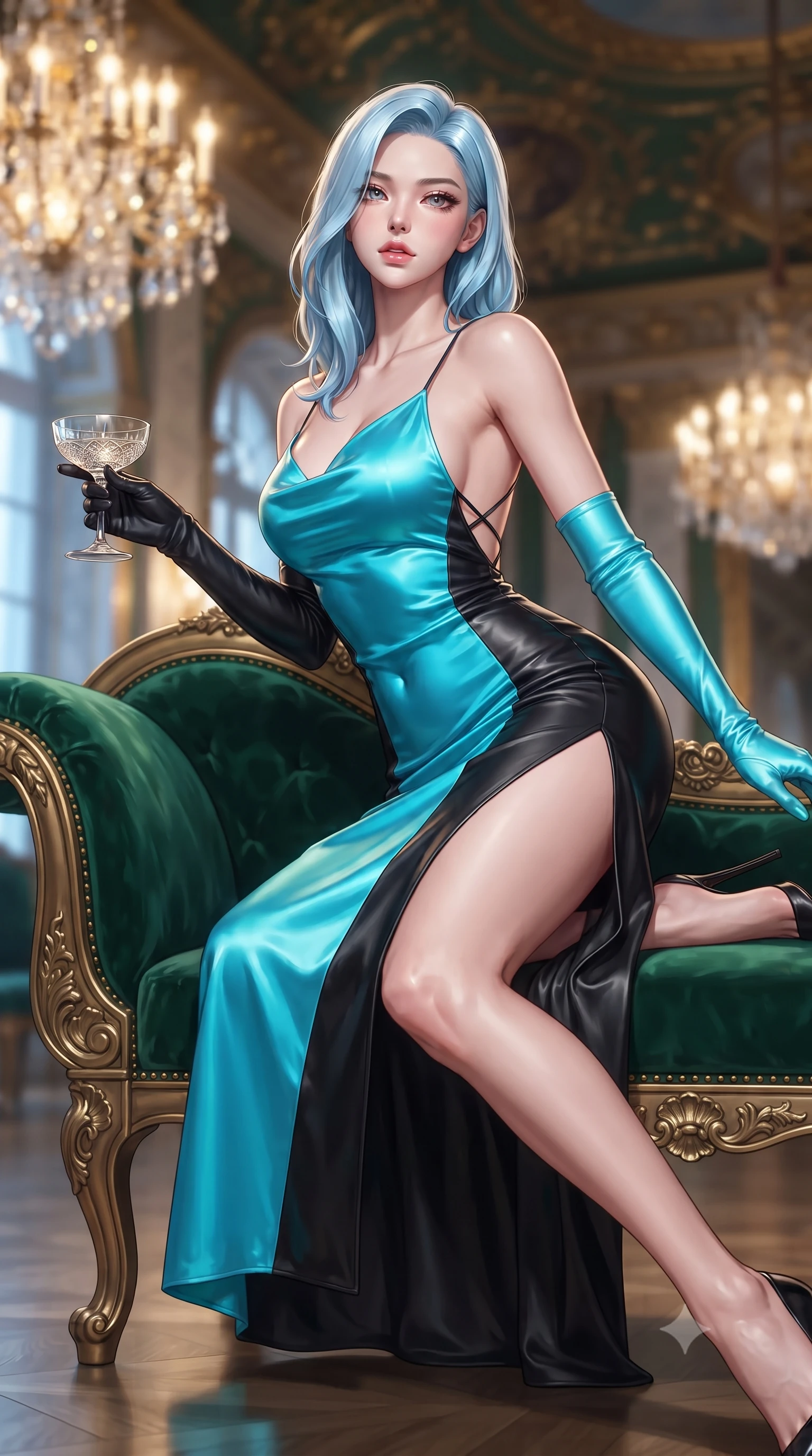 score_9, masterpiece, best quality, ultra-detailed, high-budget anime keyframe, semi-realistic 3D game render, editorial fashion photography, tasteful artistic composition, Korean woman. low angle full-body shot from head to toe showing her feet, filling the entire 9:16 vertical frame with her statuesque presence, stretching her vertical silhouette. striding forward in a proud supermodel runway stride, hips swaying in an alluring kinetic rhythm that accentuates her curvy hourglass silhouette while reclining languidly on an antique Russian imperial chaise longue, her slender waist and feminine curves framed by deep green stone and gold leaf. The composition keeps background elements in soft focus with creamy bokeh. glittering crystal chandeliers and gilded bronze ceiling ornaments blurred into rich emerald, imperial gold, and champagne bokeh. She has an exceptionally tall and slender model-like 8.5-heads proportion, an ultra-slim waist, a flat toned midriff, narrow delicate ribcage, and beautifully sculpted feminine hips creating a graceful, slim hourglass silhouette without any bulky heaviness, with impossibly long slender legs. sharp v-shaped jawline, high-bridge nose, intricate jewel-like eyes with depth, thick eyelashes, glossy parted lips with a natural sheen, intensely captivating and seductive bedroom-eyes expression, flawlessly proportioned anatomical accuracy, strict slender model proportions, natural body alignment, perfectly sculpted long slender limbs, ultra-slim waistline, clean dynamic posture without body distortion. wearing a backless cowl-neck satin slip dress featuring high-cut side hip slits and delicate criss-cross back straps in neon electric cyan and lacquer black, formed from supple second-skin lambskin leather with specular sheen, accessorized with opera-length satin gloves and a vintage crystal glass, the liquid-tight tailored fabric clinging flawlessly to her narrow waist and rounded feminine hips, emphasizing every millimeter of her sculpted slim hourglass curves without any bulky heaviness. bathed in warm opulent golden crystal chandelier downlights contrasting with cool winter blue window fill. highly saturated vibrant anime colors, detailed shading with soft gradients, rich glossy textures, high-contrast stereoscopic depth, volumetric dynamic lighting, master piece, 9:16 ratio