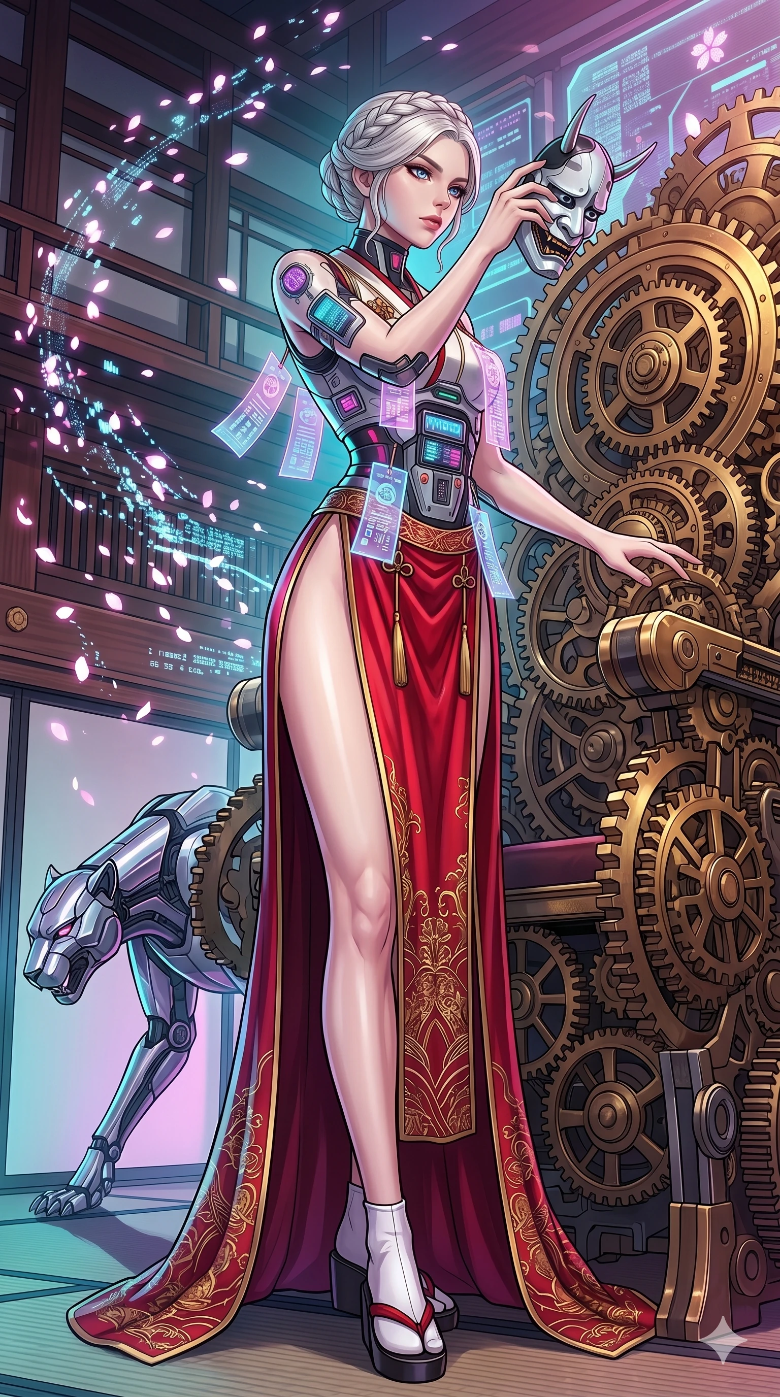 score_9, masterpiece, best quality, ultra-detailed, Set A: High-budget Anime Keyframe, Japanese woman. Low angle cowboy shot filling the entire 9:16 frame with her statuesque presence. Adjusting a mask through a throne of gears, while her shadow mimics the movements of a predator 95 and surrounded by digital sakura petals. She has an absolutely perfect 8-heads proportion, an exceptionally tall and slender female figure with impossibly long slender legs and an ultra-slim waist. Sharp v-shaped jawline, high-bridge nose, intricate jewel-like eyes with depth, thick eyelashes, glossy lips with a natural sheen. Wearing Cyber-miko outfit with holographic paper charms and a high-slit red silk skirt. Cinematic lighting, vibrant colors, dramatic shadows, 2k, ultra detail, master piece, 9:16 ratio