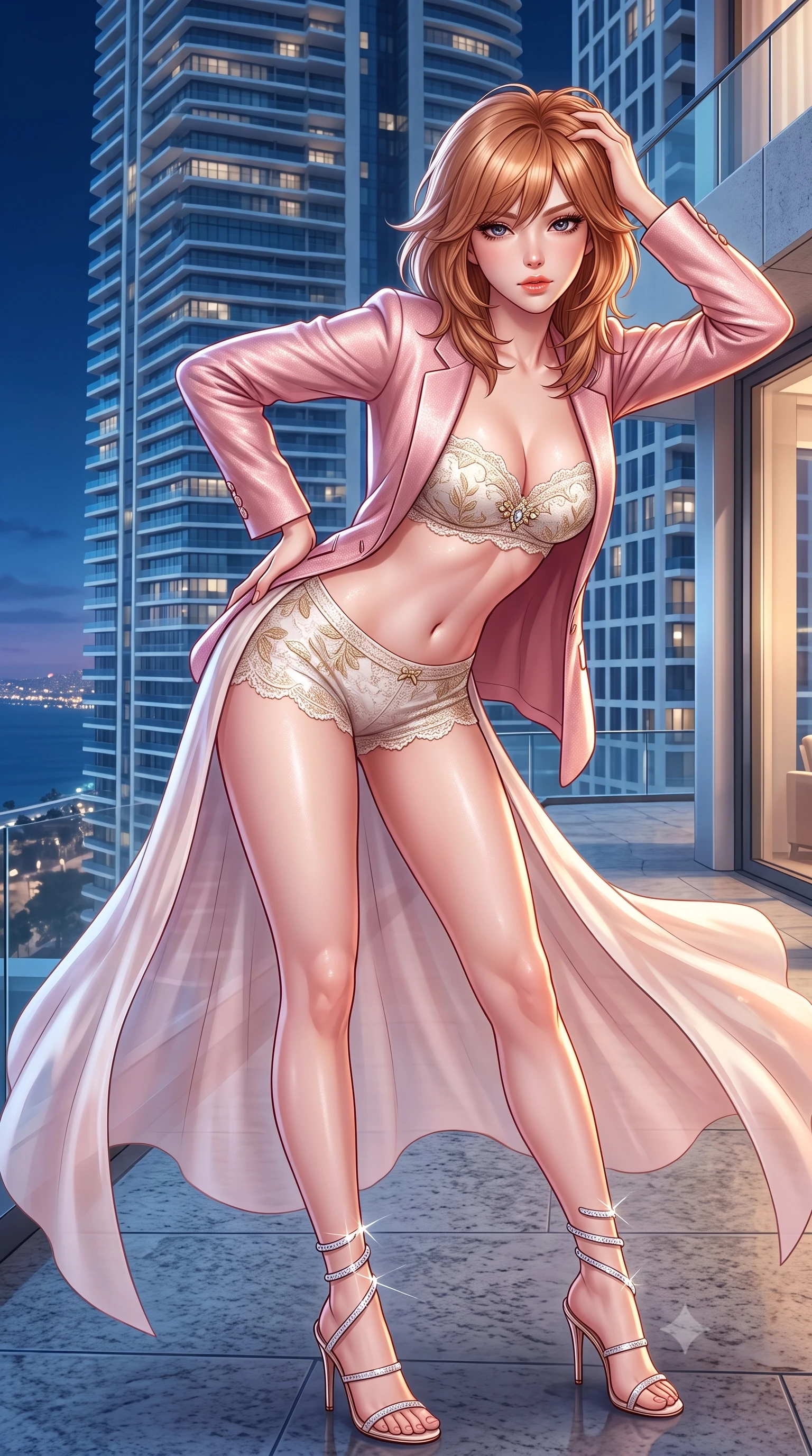 score_9, masterpiece, best quality, ultra-detailed, high-budget anime keyframe, semi-realistic 3D game render, editorial fashion photography, tasteful artistic composition, Korean woman. close-up cowboy shot from the waist and thighs up, the character dominates the composition, filling the frame with her large presence. leaning forward while arching her lower back to accentuate her curvy hips, looking into the camera with an intoxicating smoldering gaze and bedroom-eyes while twisting her slender torso in an alluring S-curve, midnight coastal winds molding her sheer gown to her long slender legs and curvy hips. The surrounding environment is rendered in vivid detail and crisp panoramic clarity: detailed high-slit silk satin gown tailoring, dewy skin highlights, and modern skyscraper architecture in high resolution. She has an exceptionally elegant, slender, and willowy female figure with an ultra-slim waist, flat toned midriff, narrow ribcage, and sculpted feminine hips creating an alluring, slim hourglass silhouette without bulk. sharp v-shaped jawline, high-bridge nose, sparkling eyes with hypnotic seductive depth, thick curled eyelashes, glossy parted lips with a natural dewy peach sheen, alluring bedroom-eyes with an enchanting coquettish smile, exuding magnetic siren charisma and sophisticated glamour, flawlessly proportioned anatomical accuracy, strict slender model proportions, natural body alignment, perfectly sculpted long slender limbs, ultra-slim waistline, clean dynamic posture without body distortion. wearing a tailored open-front smoking jacket worn over a jewel-embellished bandeau top and micro-shorts in delicate blush peony pink and antique white lace with gold leaf, woven from stretch metallic lurex jersey casting radiant starlight glints across her silhouette, complemented by strappy stiletto sandals with crystal ankle wraps accentuating her slender calves, the precision-cut side openings and low-back scoop framing her graceful spine and the sensual sweep of her slim, toned hips. bathed in exterior architectural facade floodlights combined with cool midnight delta breeze ambient fill. highly saturated vibrant anime colors, detailed shading with soft gradients, rich glossy textures, high-contrast stereoscopic depth, volumetric dynamic lighting, master piece, 9:16 ratio