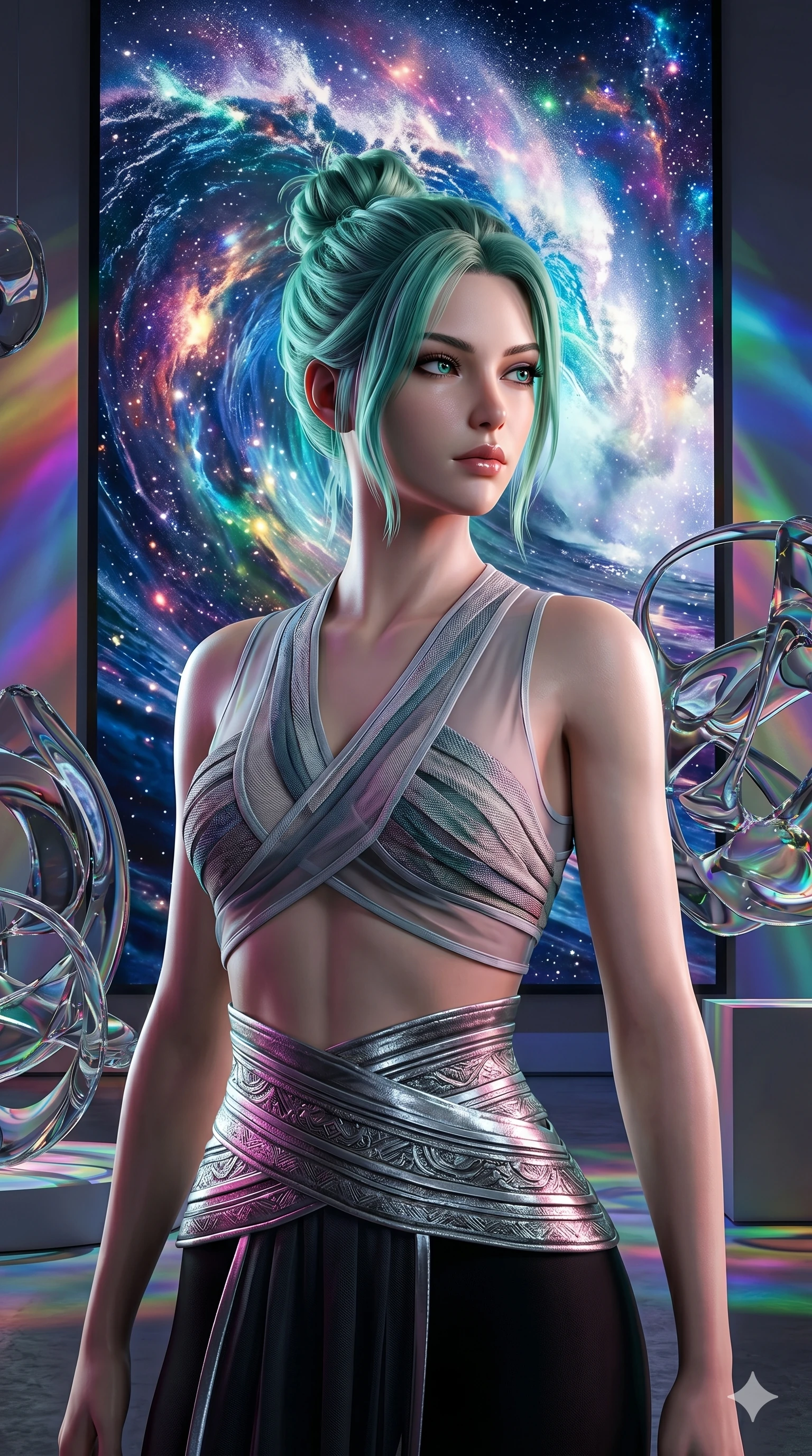 score_9, masterpiece, best quality, ultra-detailed, high-budget anime keyframe, semi-realistic 3D game render, Japanese woman. Upper body close-up from the thighs up, character filling the screen for maximum presence. She is standing in front of a giant digital painting of a cosmic wave, with abstract glass sculptures around. She poses elegantly, glancing sideways with a piercing gaze. She has an absolutely perfect 8-heads proportion, an exceptionally tall and slender female figure with impossibly long slender legs and an ultra-slim waist. V-shaped jawline, high-bridge nose, intricate jewel-like eyes with depth, thick eyelashes, glossy lips with a natural sheen. She is wearing a shortened cyber-fusion wrap top with transparent chiffon panels, a deep crossover neckline, and a high-waisted metallic sash that accentuates her ultra-slim waist. The scene is bathed in vibrant projections from the digital painting and a sharp white side key light. 2k, ultra detail, master piece, 9:16 ratio