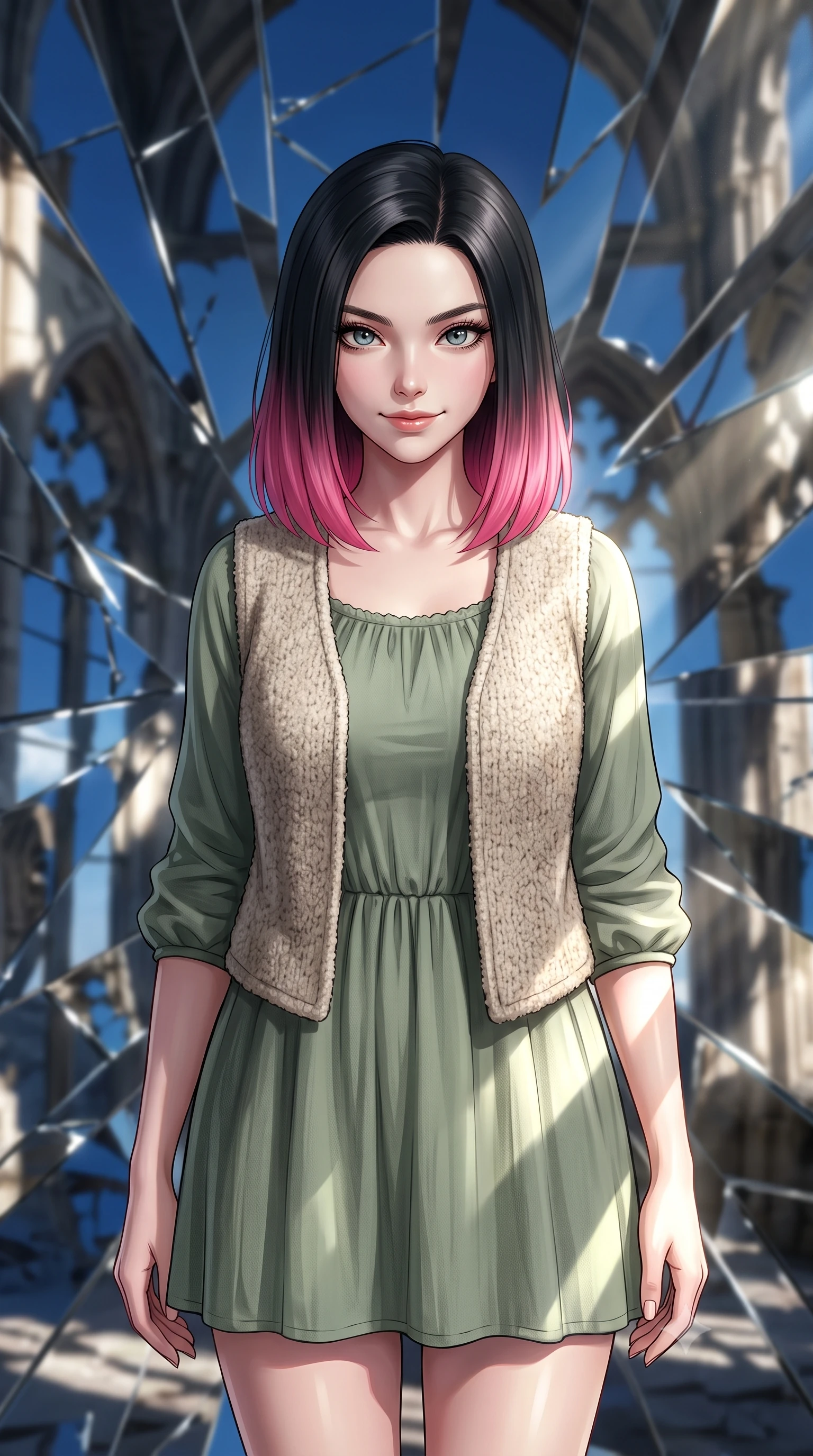 score_9, masterpiece, best quality, ultra-detailed, high-budget anime keyframe, editorial fashion photography, tasteful artistic composition, Korean woman. close-up cowboy shot from the waist and thighs up, the character dominates the composition, filling the frame with her large presence, background elements kept in soft focus. Exhibiting a confident, playful smirk directly into the camera. set against a soft-focus background of standing inside an ancient Gothic ruin where the walls are made of shattered mirror shards, reflecting fragmented pieces of a deep blue sky. She has an exceptionally elegant, slender, and willowy female figure with a highly-defined ultra-slim waist, a gracefully sculpted slender torso, and a refined slim-fit silhouette that contours her form. sharp v-shaped jawline, high-bridge nose, intricate jewel-like eyes with depth, thick eyelashes, glossy lips with a natural sheen. wearing a bohemian peasant-style cotton dress in sage green, layered with a cozy oatmeal wool-blend vest. bright sun rays bouncing off the broken mirrors, creating sharp, chaotic beams of light and high-contrast shadows. 2k, ultra detail, master piece, 9:16 ratio