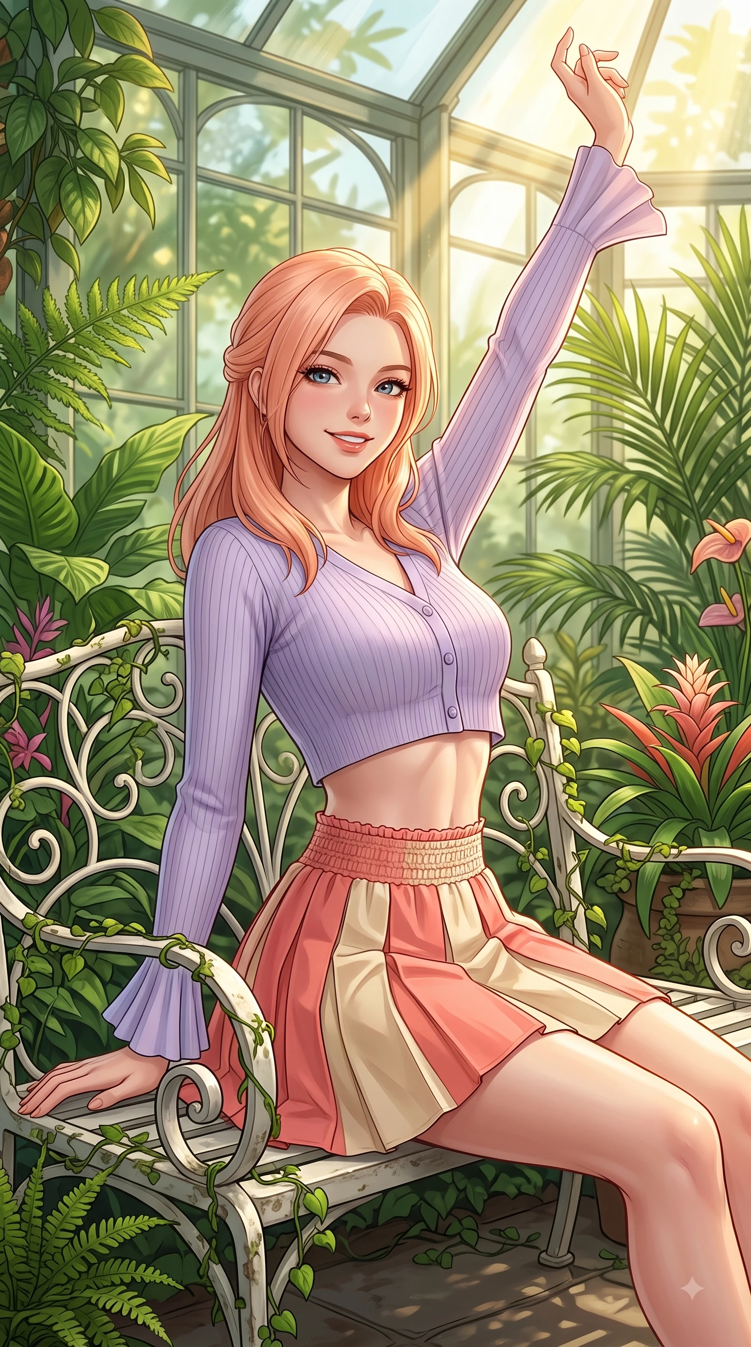 score_9, masterpiece, best quality, ultra-detailed, high-budget anime keyframe, editorial fashion photography, tasteful artistic composition, Japanese woman. close-up cowboy shot from the waist and thighs up, the character dominates the composition, filling the frame with her large presence. Extending one arm in an elegant stretch toward the light while smiling with vibrant, youthful self-assurance while sitting on a classic white iron bench in a sun-drenched glasshouse surrounded by emerald greenery. The surrounding environment is rendered in vivid detail and crisp panoramic clarity. rich emerald plant textures and sunlit conservatory walkways showcased with environmental sharpness. She has an exceptionally elegant, slender, and willowy female figure with an ultra-slim waist, a gracefully sculpted slender torso, and a refined silhouette. sharp v-shaped jawline, high-bridge nose, intricate jewel-like eyes with depth, thick eyelashes, glossy lips with a natural sheen, flawlessly proportioned anatomical accuracy, natural body alignment, perfectly sculpted elegant limbs, clean dynamic posture without body distortion. wearing a chic cropped pastel cardigan with a high-waisted pleated tennis skirt in warm coral pink and champagne ivory, tailored from crisp cotton poplin, accented with soft smocked details and fluttery cuffs, the breezy lightweight fabric fluttering softly against her delicate frame. surrounded by a peaceful, sun-drenched, and healing greenhouse atmosphere. highly saturated vibrant anime colors, detailed shading with soft gradients, rich glossy textures, high-contrast stereoscopic depth, volumetric dynamic lighting, master piece, 9:16 ratio