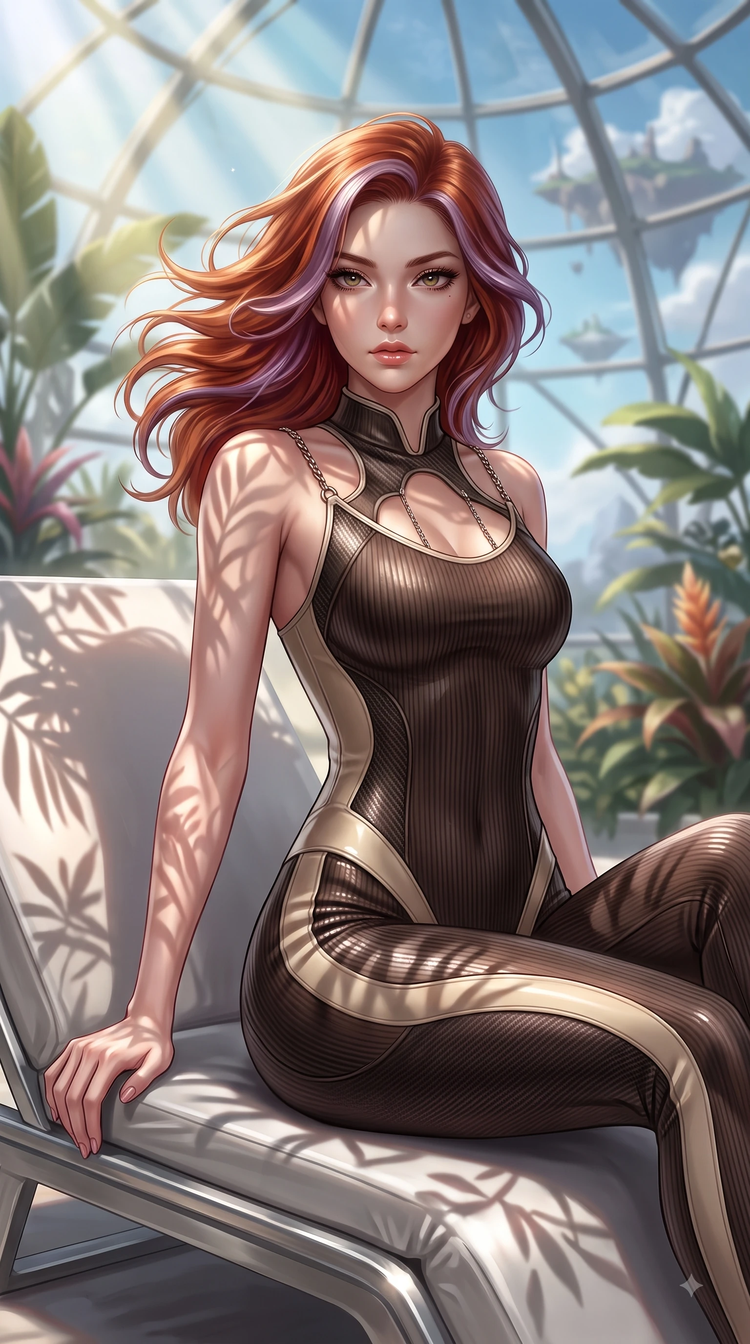 score_9, masterpiece, best quality, ultra-detailed, high-budget anime keyframe, editorial fashion photography, tasteful artistic composition, Caucasian woman. close-up cowboy shot from the waist and thighs up, the character dominates the composition, filling the frame with her large presence, background elements kept in soft focus. Gazing past the lens with smoldering intensity as her torso curves dynamically in mid-stride while lounging gracefully on a platinum sunbed in a sunlit botanical dome overlooking flying cloud islands, intense volumetric sunbeams filtering through the glass ceiling, creating stencil shadows. She has an exceptionally elegant, slender, and willowy female figure with an ultra-slim waist, a gracefully sculpted slender torso, and a refined silhouette. sharp v-shaped jawline, high-bridge nose, intricate jewel-like eyes with depth, thick eyelashes, glossy lips with a natural sheen, flawlessly proportioned anatomical accuracy, natural body alignment, perfectly sculpted elegant limbs, clean dynamic posture without body distortion. wearing a form-fitting ribbed activewear set with elegant collar cutouts in espresso brown and warm cream, made of fine carbon-fiber weave and soft matte leather, adorned with delicate metallic chain straps along the neckline, the sleek second-skin texture accentuating her magnetic presence. illuminated by brilliant sunbeams casting organic leaf stencil shadows. ultra-reflective glossy finish, specular highlights, metallic sheen, high-contrast stereoscopic depth, volumetric dynamic lighting, 2k, ultra detail, master piece, 9:16 ratio