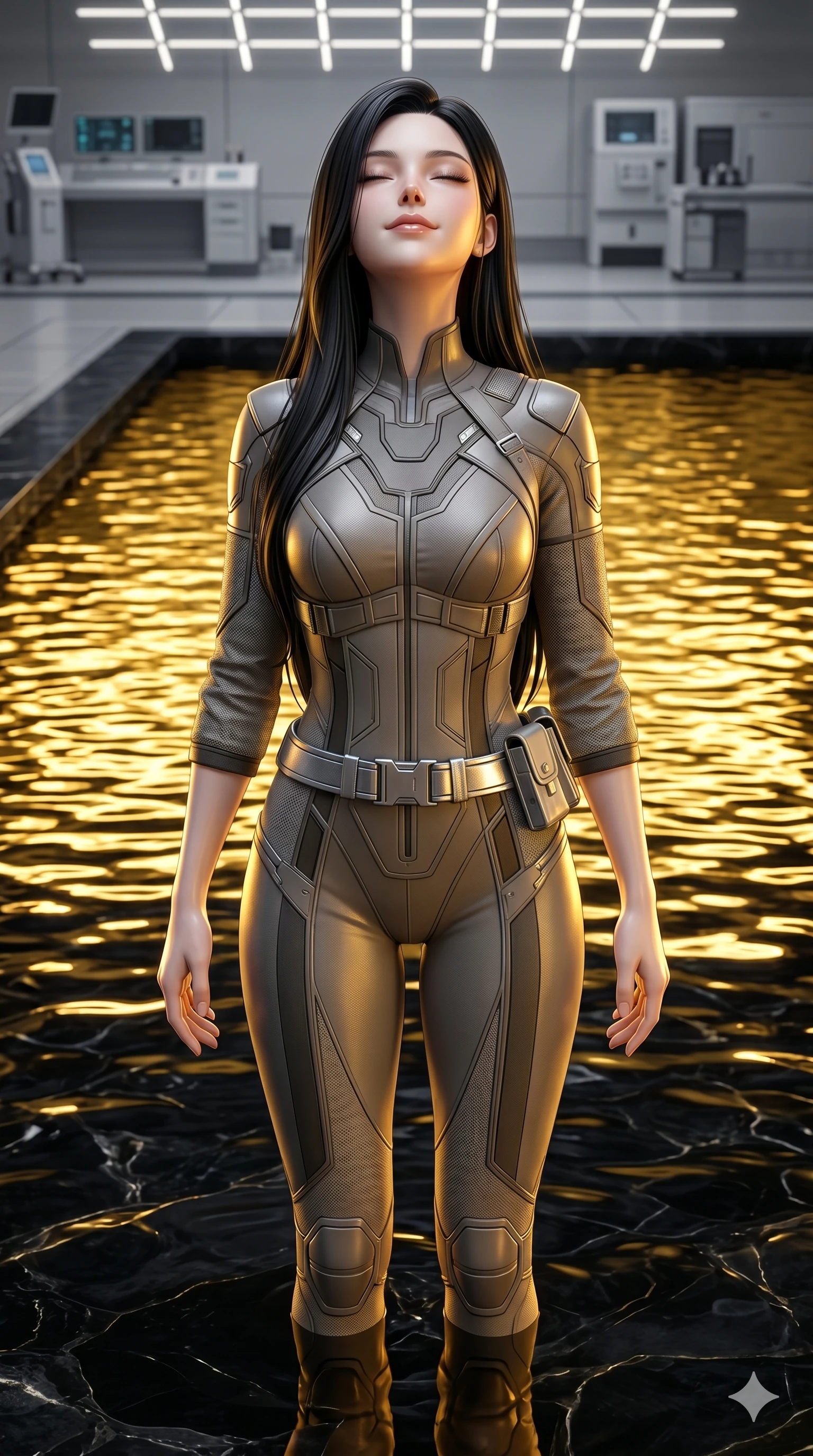score_9, masterpiece, best quality, ultra-detailed, high-budget anime keyframe, semi-realistic 3D game render, Korean woman. Upper body close-up from the thighs up, character filling the screen for maximum presence. She is standing in a high-tech obsidian pool filled with glowing liquid gold. She tilts her head back with a serene expression, framing her shoulders and neckline beautifully. She has an absolutely perfect 8-heads proportion, a tall and elegant figure with a refined silhouette and a defined waistline. V-shaped jawline, high-bridge nose, intricate jewel-like eyes with depth, thick eyelashes, glossy lips with a natural sheen. She is wearing a high-fashion tech-jumpsuit featuring structured panel overlays across the torso and shoulders, accented by a metallic silver utility belt and textured fabric sleeves. The scene is lit by shimmering gold reflections from the liquid pool and bright studio key lights. 2k, ultra detail, master piece, 9:16 ratio