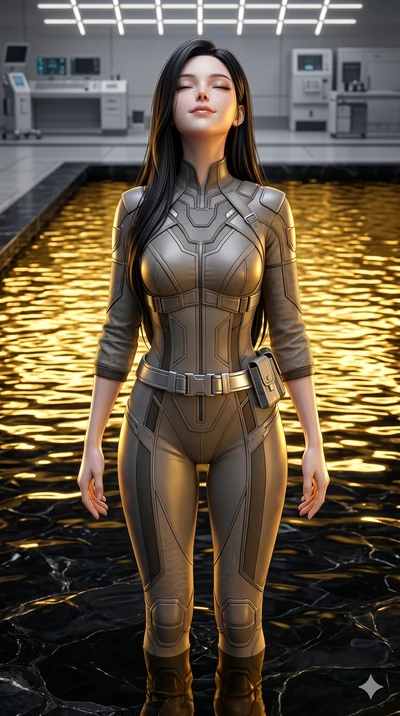 score_9, masterpiece, best quality, ultra-detailed, high-budget anime keyframe, semi-realistic 3D game render, Korean woman. Upper body close-up from the thighs up, character filling the screen for maximum presence. She is standing in a high-tech obs