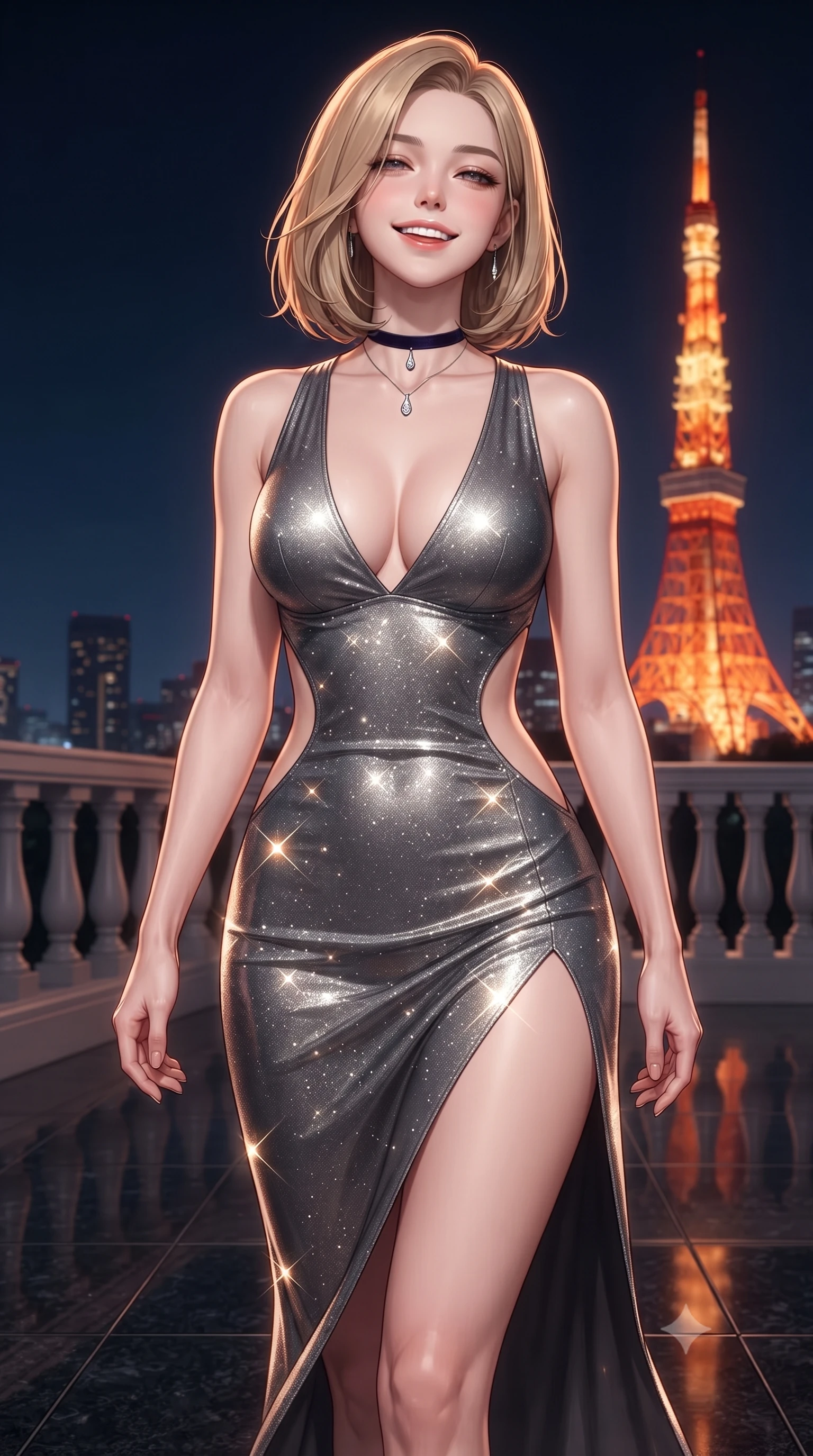 score_9, masterpiece, best quality, ultra-detailed, high-budget anime keyframe, editorial fashion photography, tasteful artistic composition, Korean woman. close-up cowboy shot from the waist and thighs up, the character dominates the composition, filling the frame with her large presence. leaning back against the balustrade with relaxed seductive grace, head tilted back slightly while casting a hypnotic, heavy-lidded gaze while walking slowly across the polished black granite floor with confident model strides, her high-slit dress revealing her slender legs. The surrounding environment is rendered in vivid detail and crisp panoramic clarity: detailed wet-look vinyl bustier texture, sheer wrap mini skirt drape, and architectural precision in high resolution. She has an exceptionally elegant, slender, and willowy female figure with an ultra-slim waist, flat toned midriff, narrow ribcage, and sculpted feminine hips creating an alluring, slim hourglass silhouette without bulk. sharp v-shaped jawline, high-bridge nose, intricate jewel-like sparkling eyes with depth, thick eyelashes, glossy parted lips with a natural peach sheen, bright cheerful beaming smile with an enchanting and coquettish sensual glint, exuding both youthful cute charm and seductive allure, flawlessly proportioned anatomical accuracy, strict slender model proportions, natural body alignment, perfectly sculpted long slender limbs, ultra-slim waistline, clean dynamic posture without body distortion. wearing a liquid silver jersey plunge-neck bodycon dress with daring side cutouts tracing her dewy waist and hips in smoky charcoal noir and reflective metallic platinum, woven from stretch metallic lurex jersey casting radiant starlight glints across her curves, finished with a thin velvet ribbon choker and a single teardrop diamond pendant, the liquid-tight tailored fabric clinging flawlessly to her narrow waist and rounded feminine hips, emphasizing every millimeter of her sculpted slim hourglass curves without any bulky heaviness. bathed in the warm radiant orange-scarlet beacon glow of Tokyo Tower contrasted with deep midnight sky. ultra-reflective glossy finish, specular highlights, rich textural contrasts, high-contrast stereoscopic depth, volumetric dynamic lighting, 2k, ultra detail, master piece, 9:16 ratio