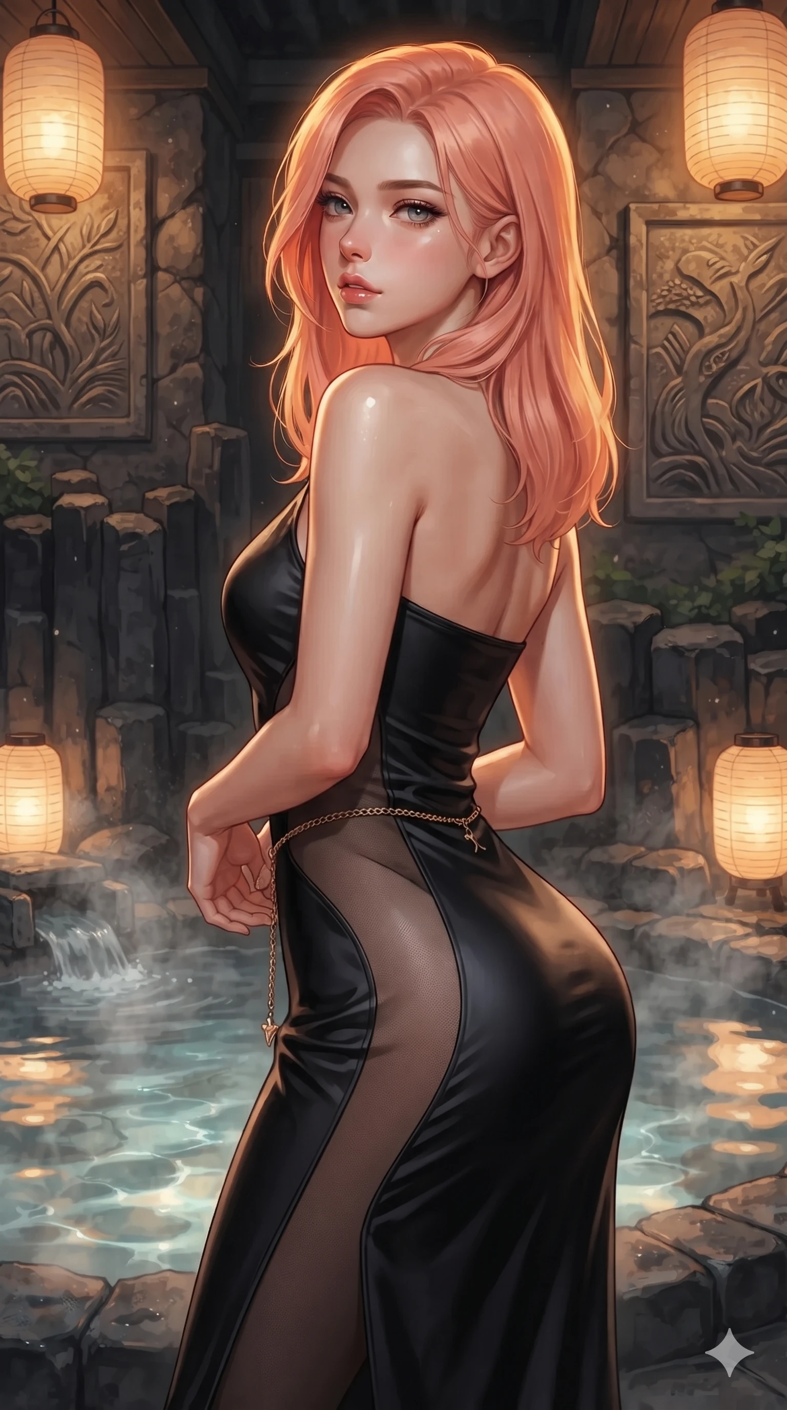 score_9, masterpiece, best quality, ultra-detailed, high-budget anime keyframe, editorial fashion photography, tasteful artistic composition, Japanese woman. close-up cowboy shot from the waist and thighs up, the character dominates the composition, filling the frame with her large presence. posing in an alluring rear three-quarter angle, looking over a bare shoulder with parted glossy lips, her hips cocked back to highlight her slim hourglass curve while standing poised beside the steaming thermal plunge pool, arching her spine with ethereal siren poise as warm amber lantern light washes over her. The surrounding environment is rendered in vivid detail and crisp panoramic clarity: sharp columnar basalt geometry, textured stone carving reliefs, and crisp paper lantern crease lines in deep focus. She has an exceptionally elegant, slender, and willowy female figure with an ultra-slim waist, flat toned midriff, narrow ribcage, and sculpted feminine hips creating an alluring, slim hourglass silhouette without bulk. sharp v-shaped jawline, high-bridge nose, intricate jewel-like sparkling eyes with depth, thick eyelashes, glossy parted lips with a natural sheen, intensely captivating and seductive bedroom-eyes expression, exuding both youthful cute charm and sovereign luxury allure, flawlessly proportioned anatomical accuracy, strict slender model proportions, natural body alignment, perfectly sculpted long slender limbs, ultra-slim waistline, clean dynamic posture without body distortion. wearing a second-skin black silk jersey maxi dress with asymmetrical sheer mesh side panels tracing the full curve of her hip in cosmic eclipse amber and starlight diamond, woven from high-density tech-wool with subtle metallic thread weave, accented with a delicate gold chain belt resting loosely on her curvy hips, the glove-like clinging cut tightly following the natural contour of her hips and long slender legs with youthful 8.5-heads elegance. illuminated by water reflection bounce and sharp amber-gold rim lights sculpting her razor-sharp jawline, narrow waist, and curvy hips. ultra-reflective glossy finish, specular highlights, rich textural contrasts, high-contrast stereoscopic depth, volumetric dynamic lighting, 2k, ultra detail, master piece, 9:16 ratio