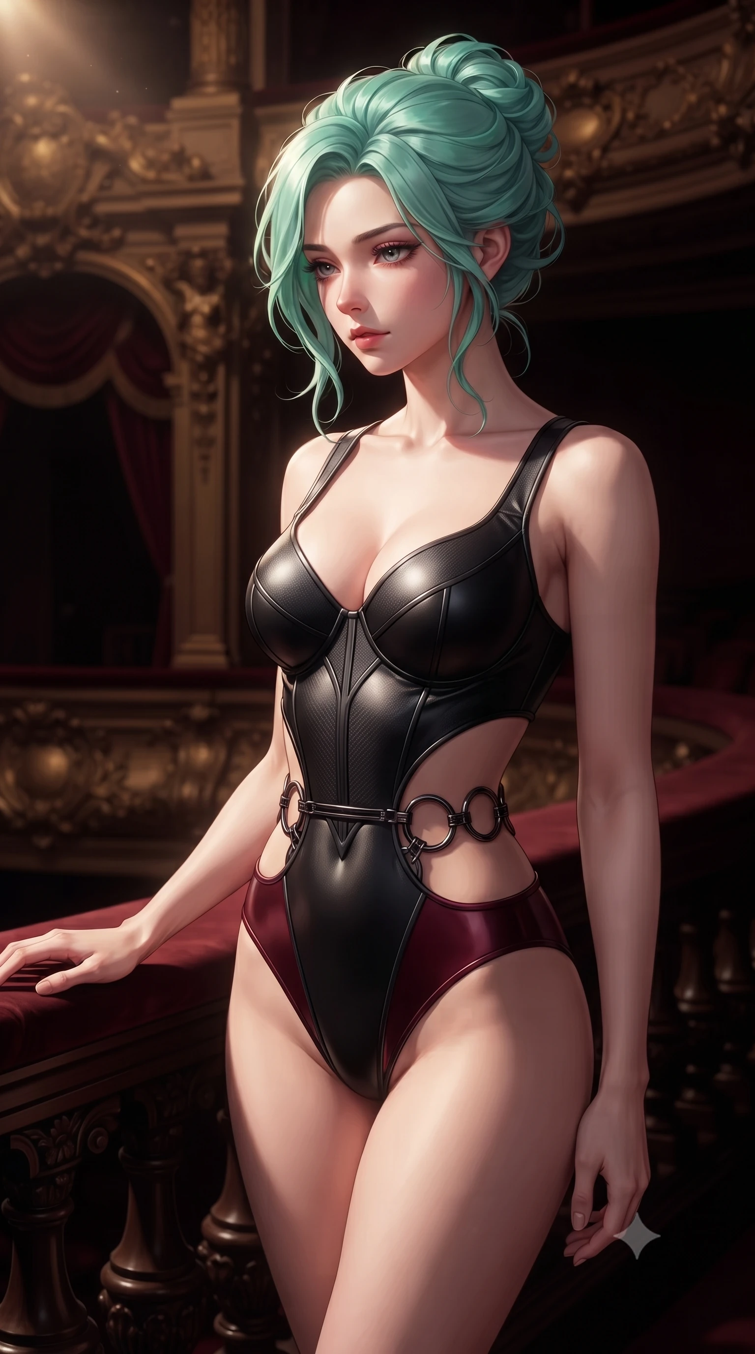 score_9, masterpiece, best quality, ultra-detailed, high-budget anime keyframe, editorial fashion photography, tasteful artistic composition, Japanese woman. close-up cowboy shot from the waist and thighs up, the character dominates the composition, filling the frame with her large presence, background elements kept in soft focus. Casting a slow, direct gaze beneath heavy lashes with quiet intensity, looking down with composed elegance from a dark baroque opera balcony, dramatic theatrical stage spotlight casting intense key light from afar. She has an exceptionally elegant, slender, and willowy female figure with an ultra-slim waist, a gracefully sculpted slender torso, and a refined silhouette. sharp v-shaped jawline, high-bridge nose, intricate jewel-like eyes with depth, thick eyelashes, glossy lips with a natural sheen. wearing sculpted structured cup bodysuit in matte black carbon-fiber with hip cutouts in deep crimson burgundy, made of liquid dark mercury jersey, trimmed with dark chrome ring hardware along the waist contours, the fitted fabric emphasizing her ultra-slim waist. lit by intense warm spotlight contrasting with deep dark mahogany shadows. highly saturated vibrant anime colors, detailed shading with soft gradients, rich glossy textures, high-contrast stereoscopic depth, volumetric dynamic lighting, master piece, 9:16 ratio