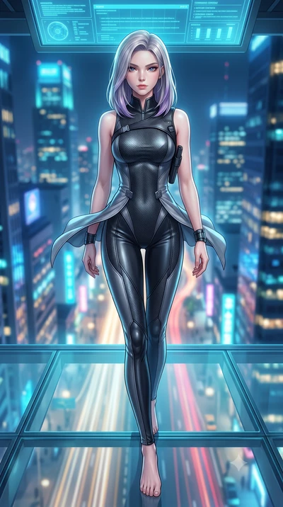 score_9, masterpiece, best quality, ultra-detailed, high-budget anime keyframe, semi-realistic 3D game render, editorial fashion photography, tasteful artistic composition, Caucasian woman. low angle full-body shot from head to toe showing her feet, 