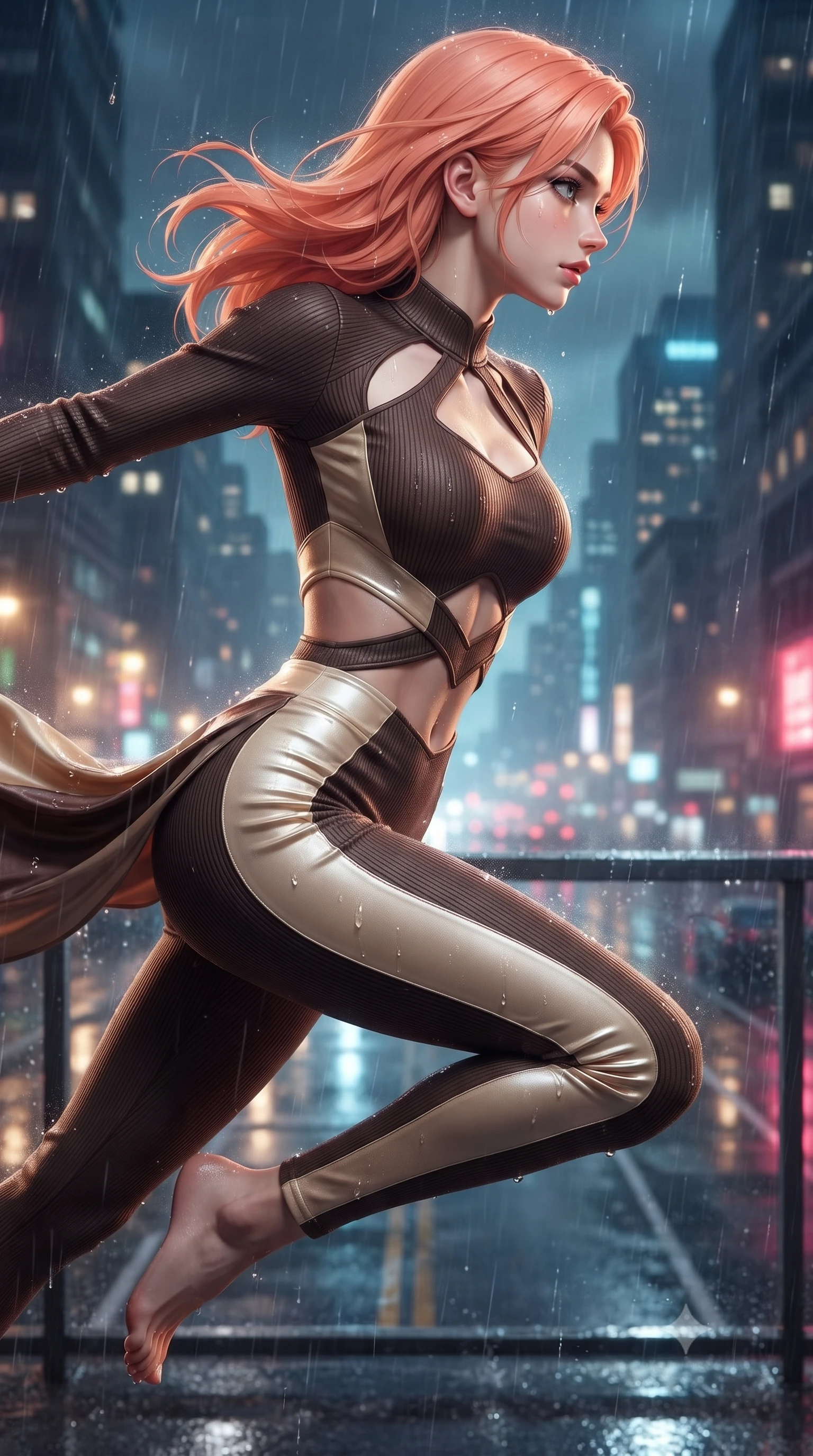 score_9, masterpiece, best quality, ultra-detailed, high-budget anime keyframe, editorial fashion photography, tasteful artistic composition, Japanese woman. close-up cowboy shot from the waist and thighs up, the character dominates the composition, filling the frame with her large presence, background elements kept in soft focus. Turning her face in sharp profile while her upper body leans forward with poised athletic grace while leaping across a rain-slicked balcony as wet asphalt below reflects city lights, fluttering lightweight attire catching the high-altitude rainy wind. She has an exceptionally elegant, slender, and willowy female figure with an ultra-slim waist, a gracefully sculpted slender torso, and a refined silhouette. sharp v-shaped jawline, high-bridge nose, intricate jewel-like eyes with depth, thick eyelashes, glossy lips with a natural sheen, flawlessly proportioned anatomical accuracy, natural body alignment, perfectly sculpted elegant limbs, clean dynamic posture without body distortion. wearing a form-fitting ribbed activewear set with elegant collar cutouts in espresso brown and warm cream, crafted from lustrous satin jersey with fluid draping, featuring subtle geometric cutouts that highlight her ultra-slim midriff, the elegant draped fit framing her graceful clavicle and slender torso. surrounded by a vibrant, atmospheric city glow with glistening raindrops. ultra-reflective glossy finish, specular highlights, metallic sheen, high-contrast stereoscopic depth, volumetric dynamic lighting, 2k, ultra detail, master piece, 9:16 ratio